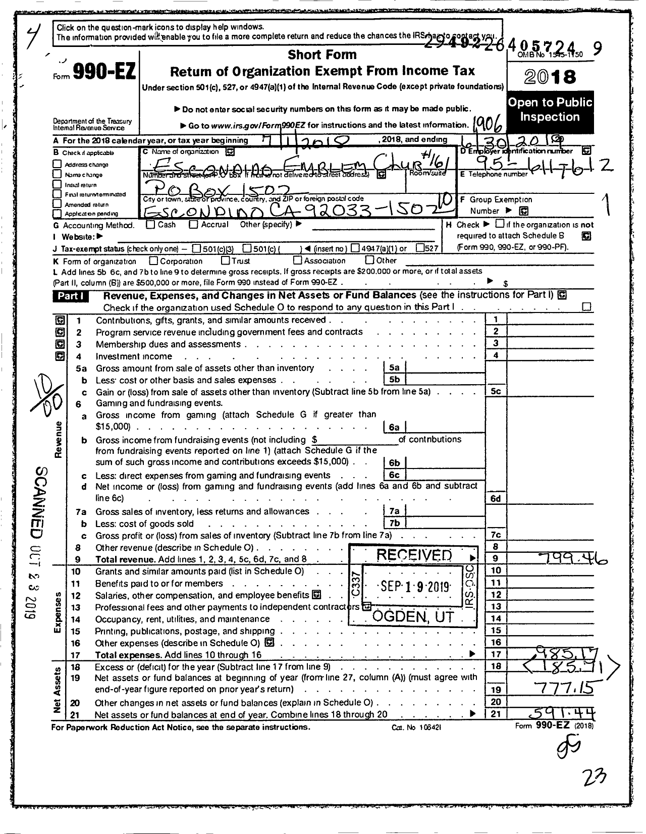 Image of first page of 2018 Form 990EO for Supreme Emblem Club of the United States of America - 161 Escondido Emblem Club