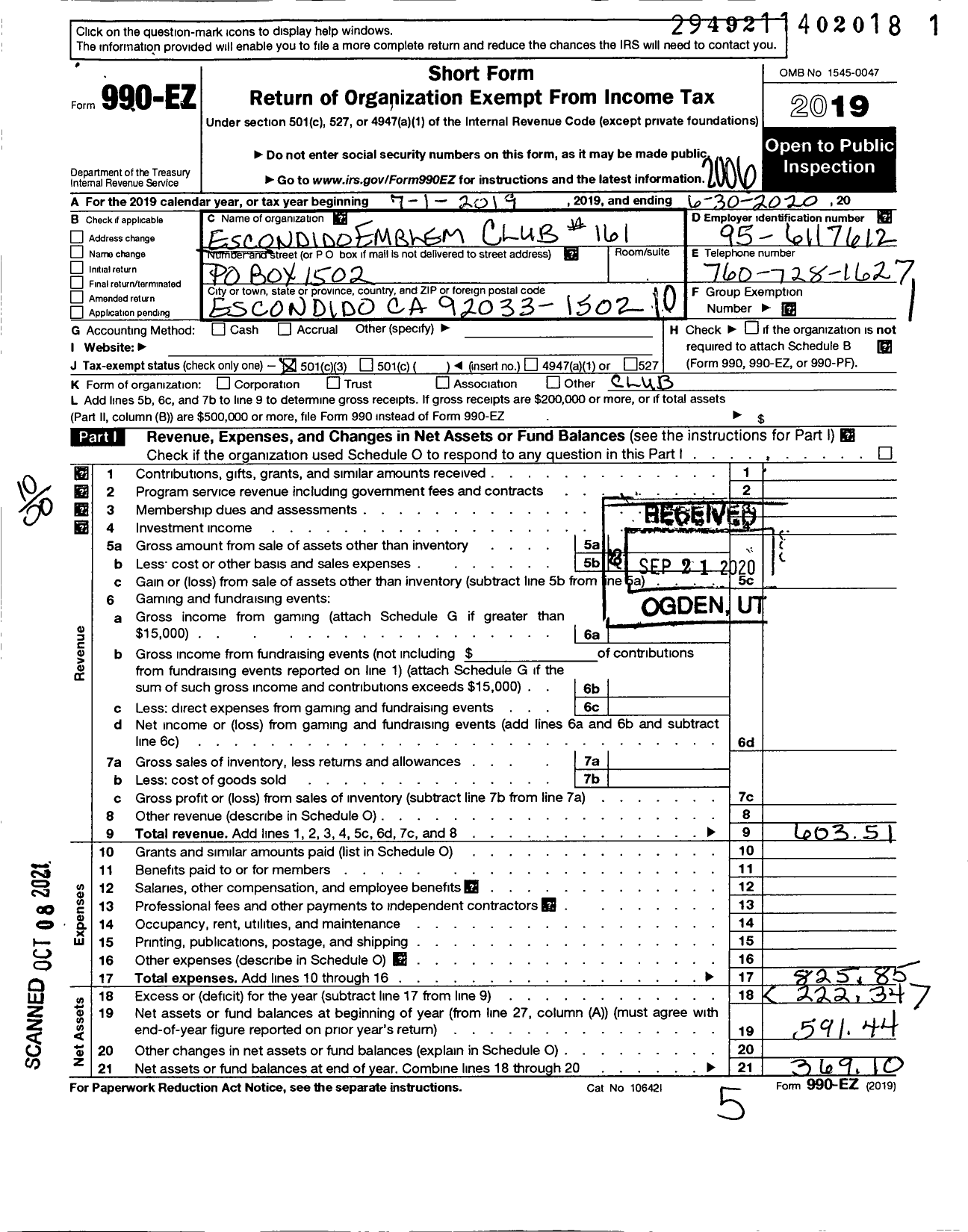 Image of first page of 2019 Form 990EO for Supreme Emblem Club of the United States of America - 161 Escondido Emblem Club