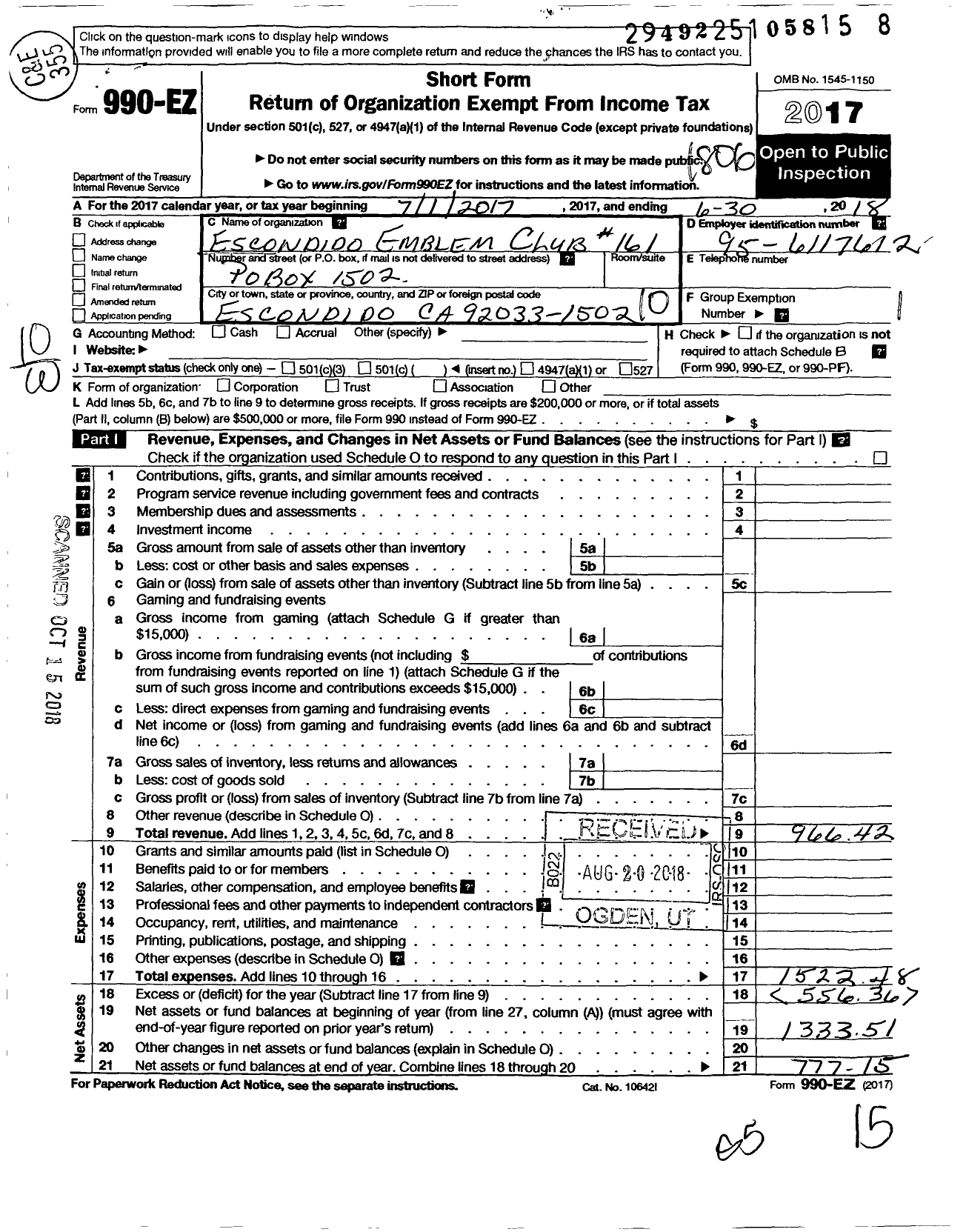 Image of first page of 2017 Form 990EO for Supreme Emblem Club of the United States of America - 161 Escondido Emblem Club