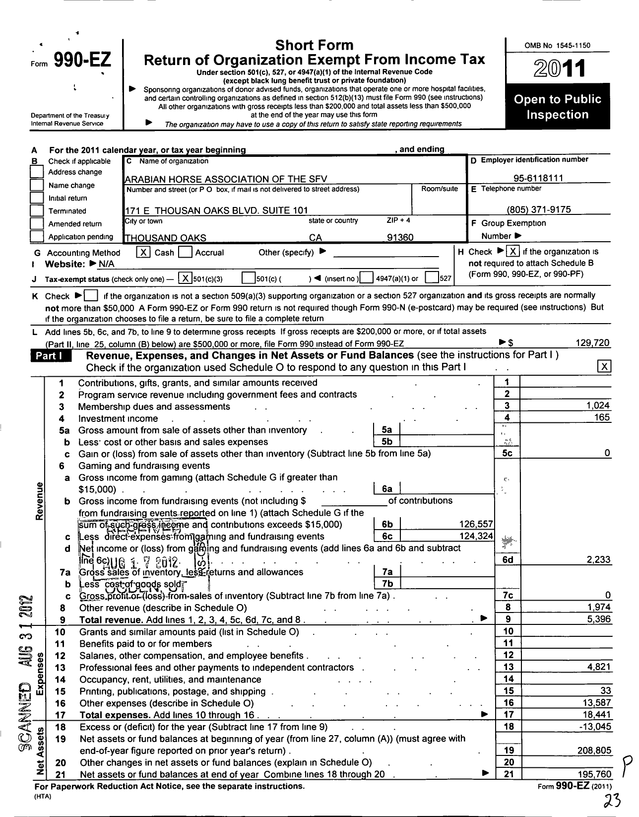 Image of first page of 2011 Form 990EZ for Arabian Horse Association of the San Fernando Valley