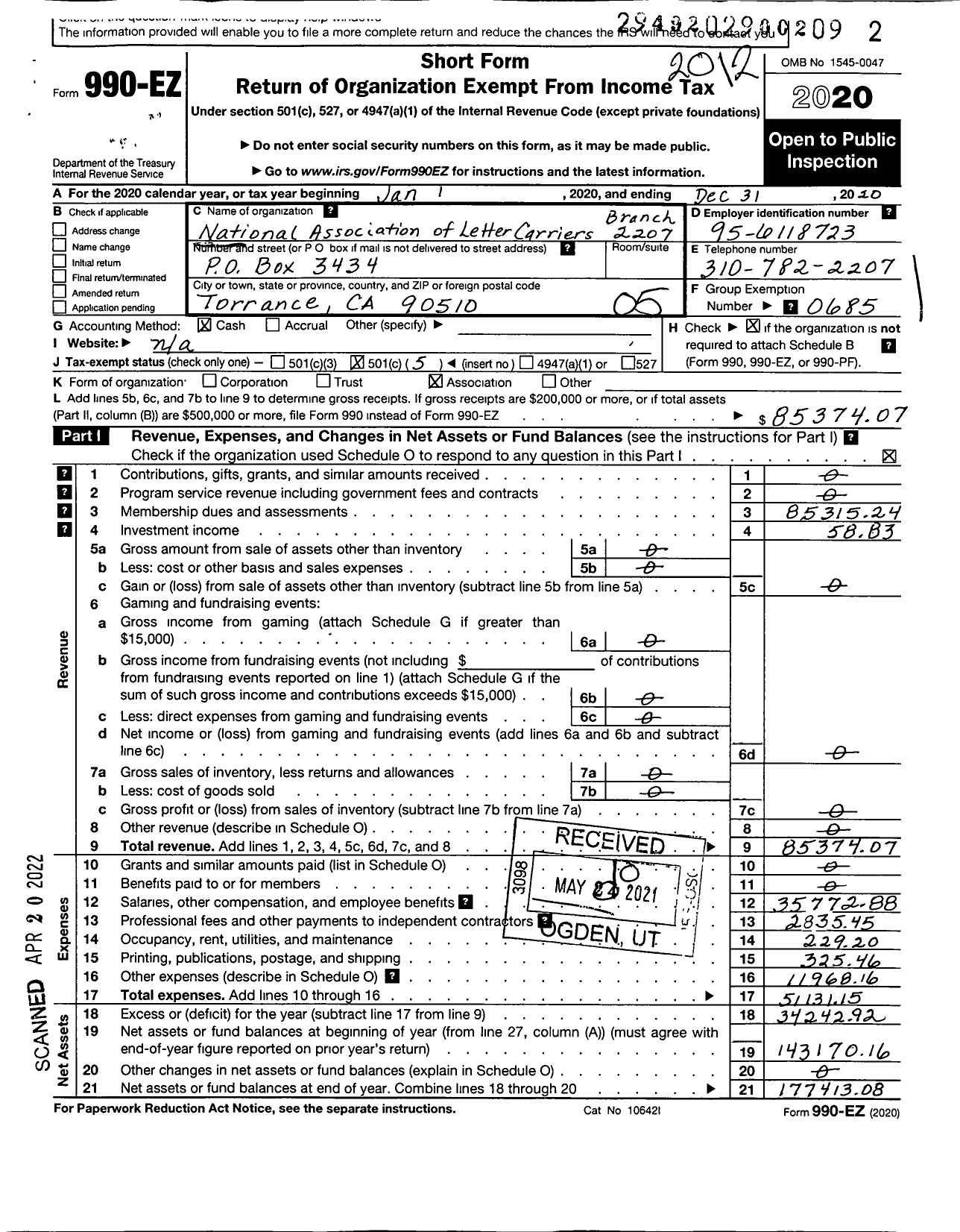 Image of first page of 2020 Form 990EO for National Association of Letter Carriers - 2207 Torrance California