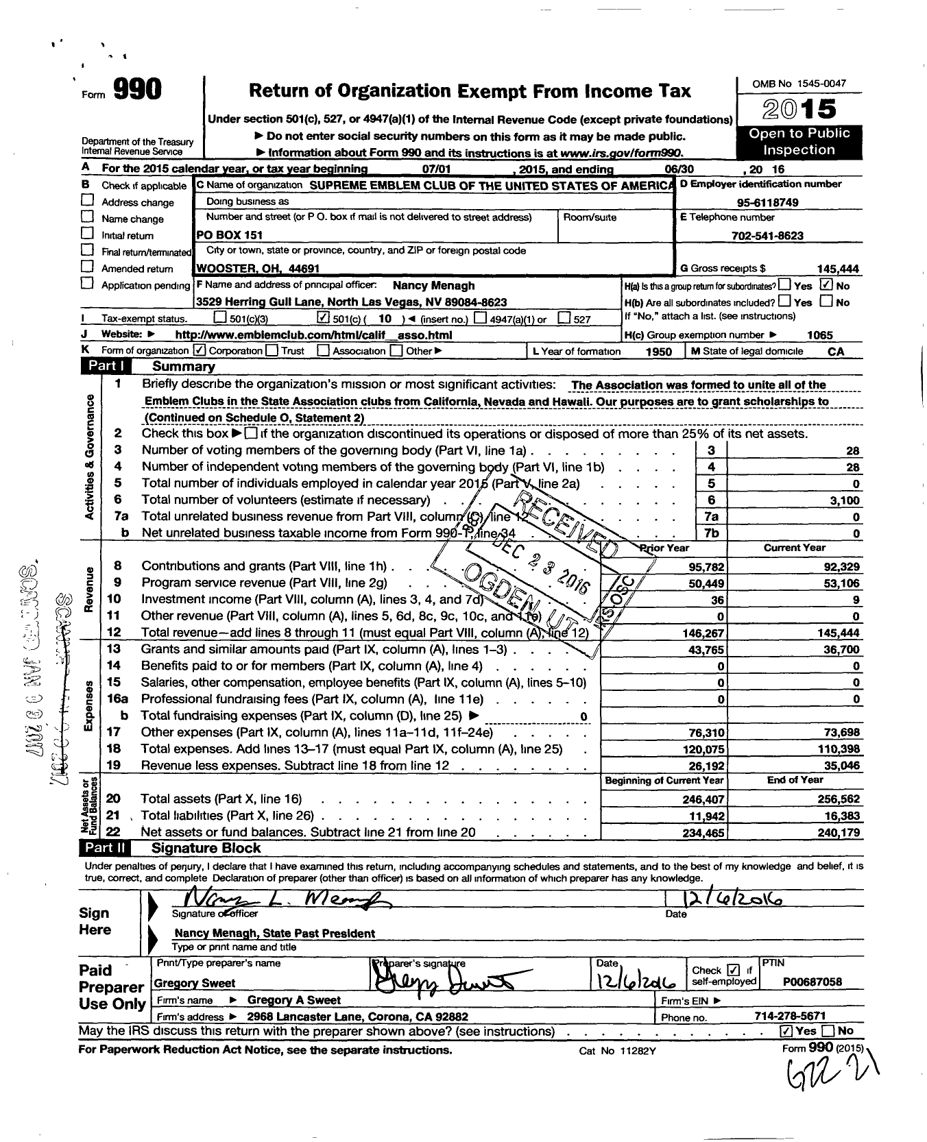 Image of first page of 2015 Form 990O for Supreme Emblem Club of the United States of America / California Nevada St Assn