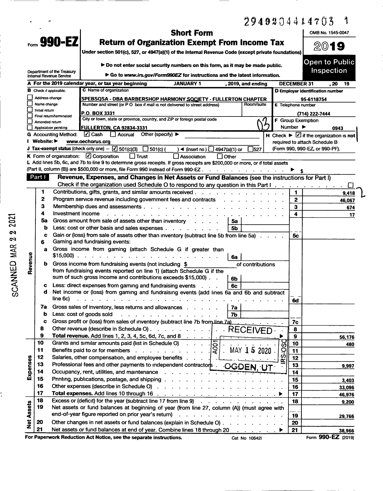 Image of first page of 2019 Form 990EZ for Barbershop Harmony Society - Barbershop Harmony Soc Fullerton Chapter