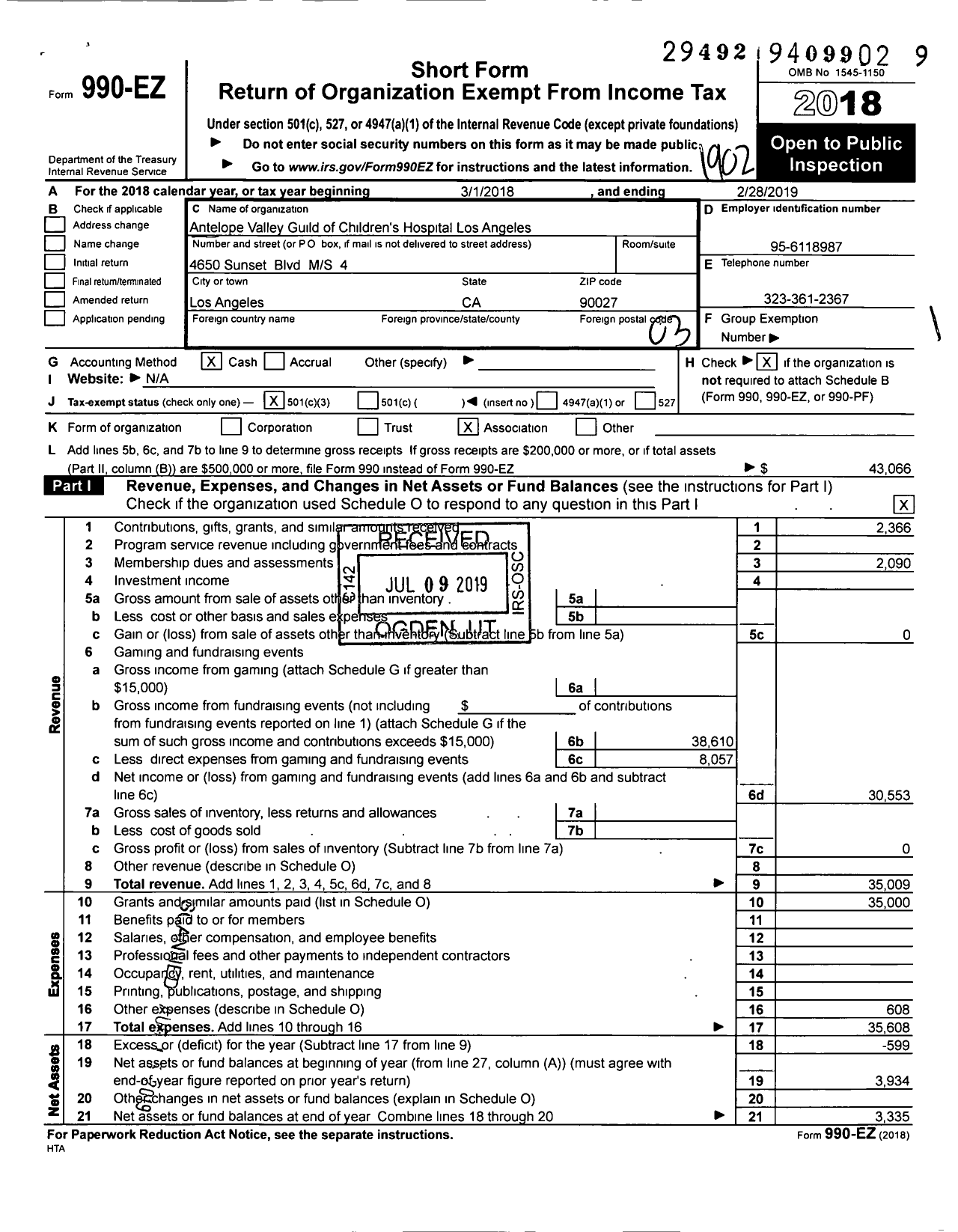 Image of first page of 2018 Form 990EZ for Antelope Valley Guild of Children's Hospital Los Angeles