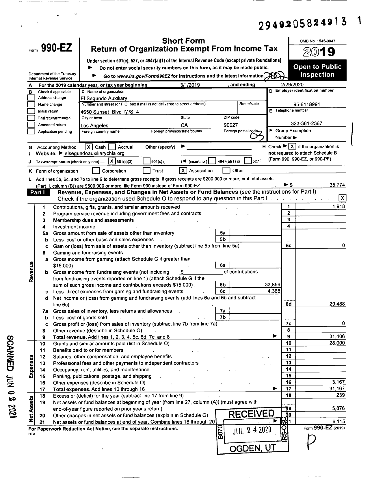 Image of first page of 2019 Form 990EZ for El Segundo Auxiliary