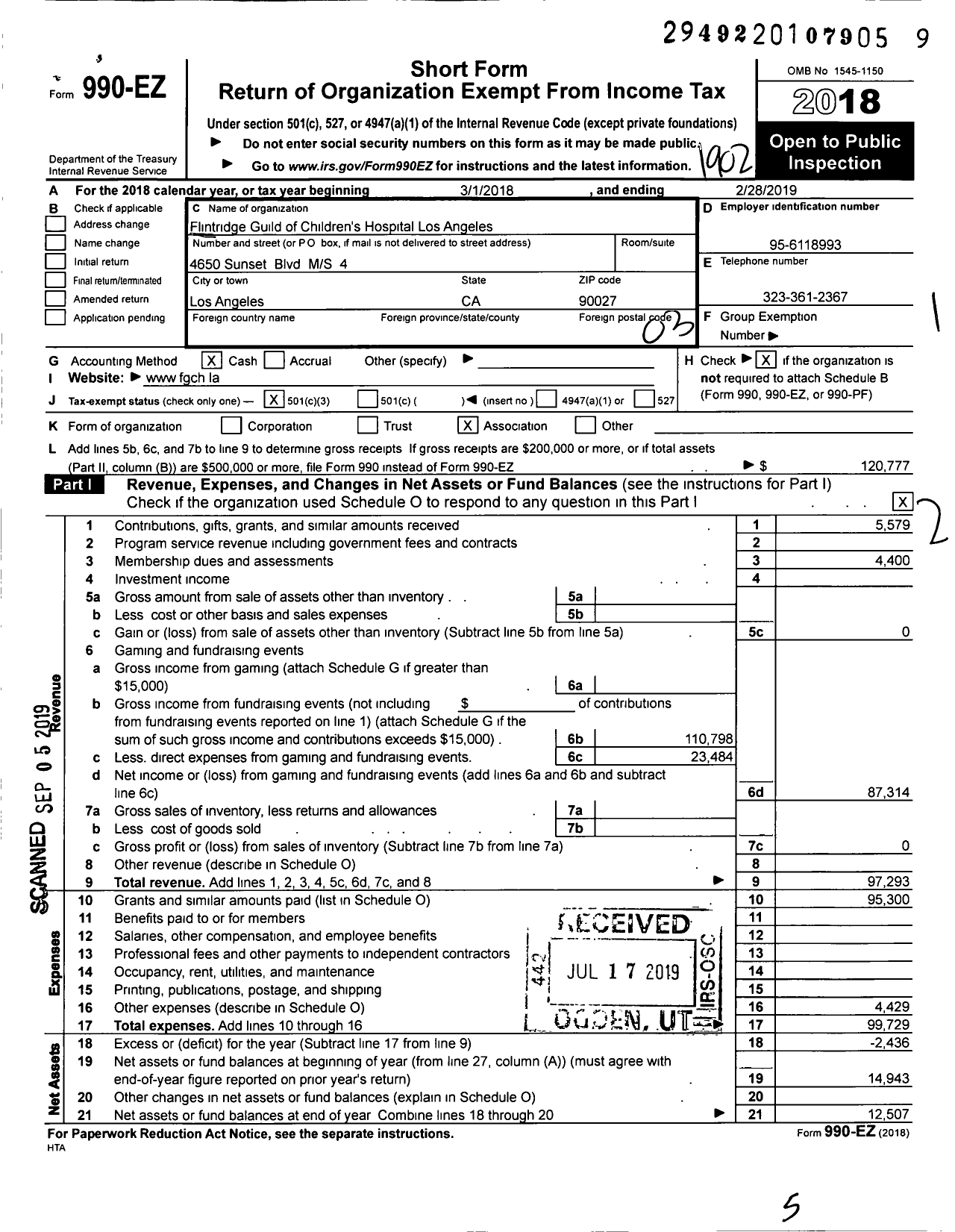 Image of first page of 2018 Form 990EZ for Flintridge Guild of Childrens Hospital Los Angeles