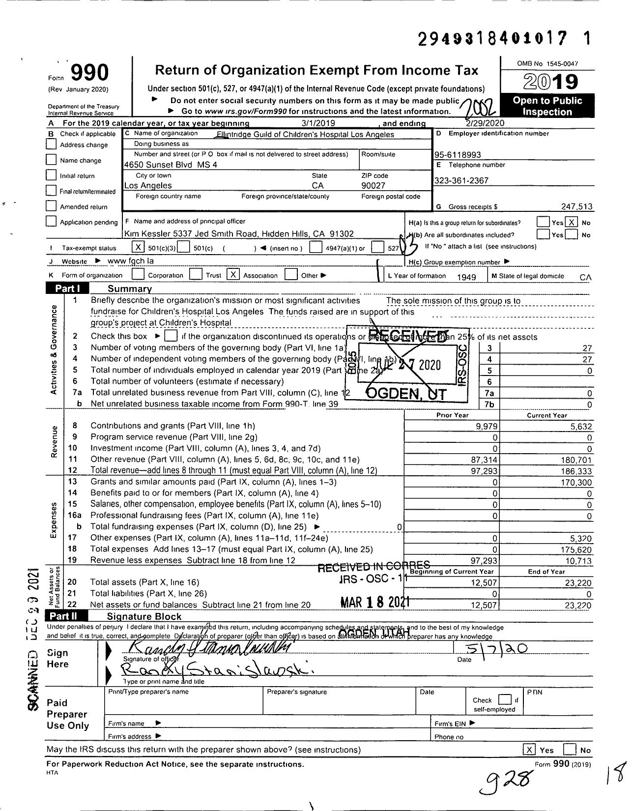 Image of first page of 2019 Form 990 for Flintridge Guild of Childrens Hospital Los Angeles