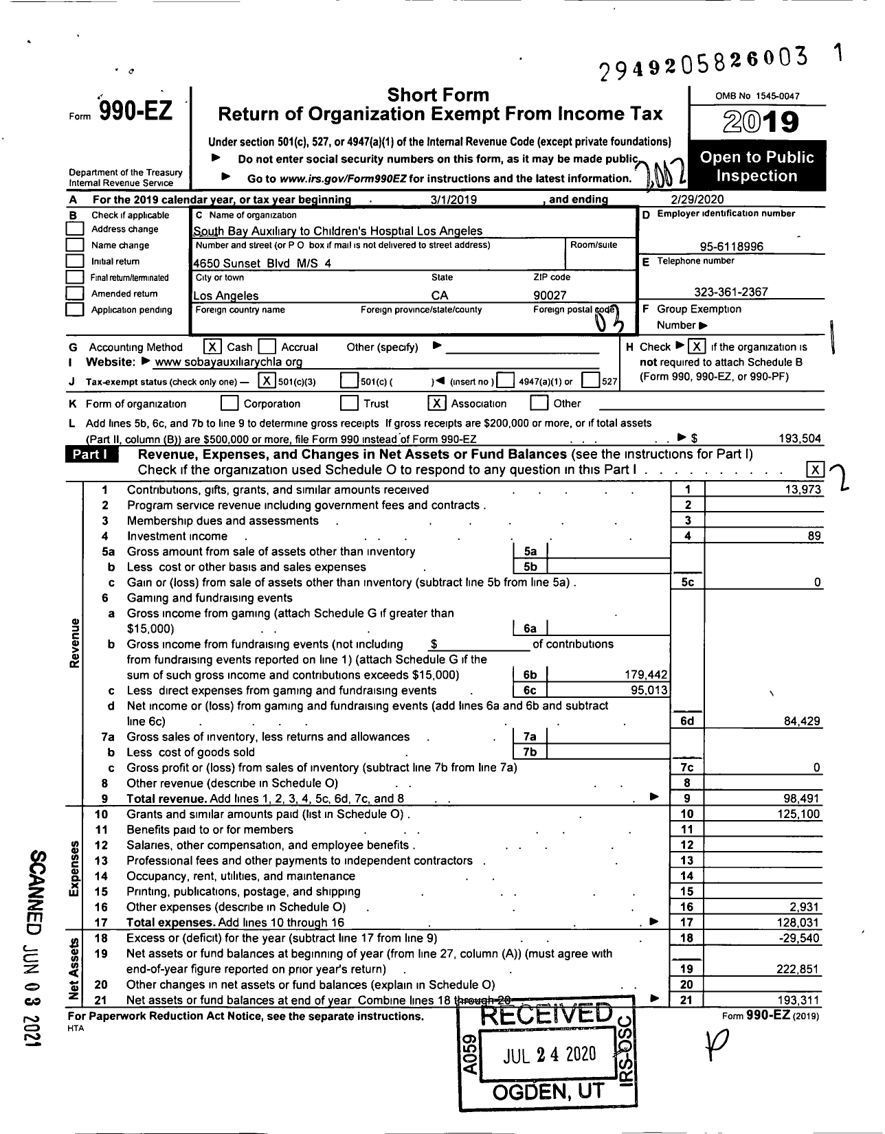 Image of first page of 2019 Form 990EZ for South Bay Auxiliary To Children's Hospital Los Angeles