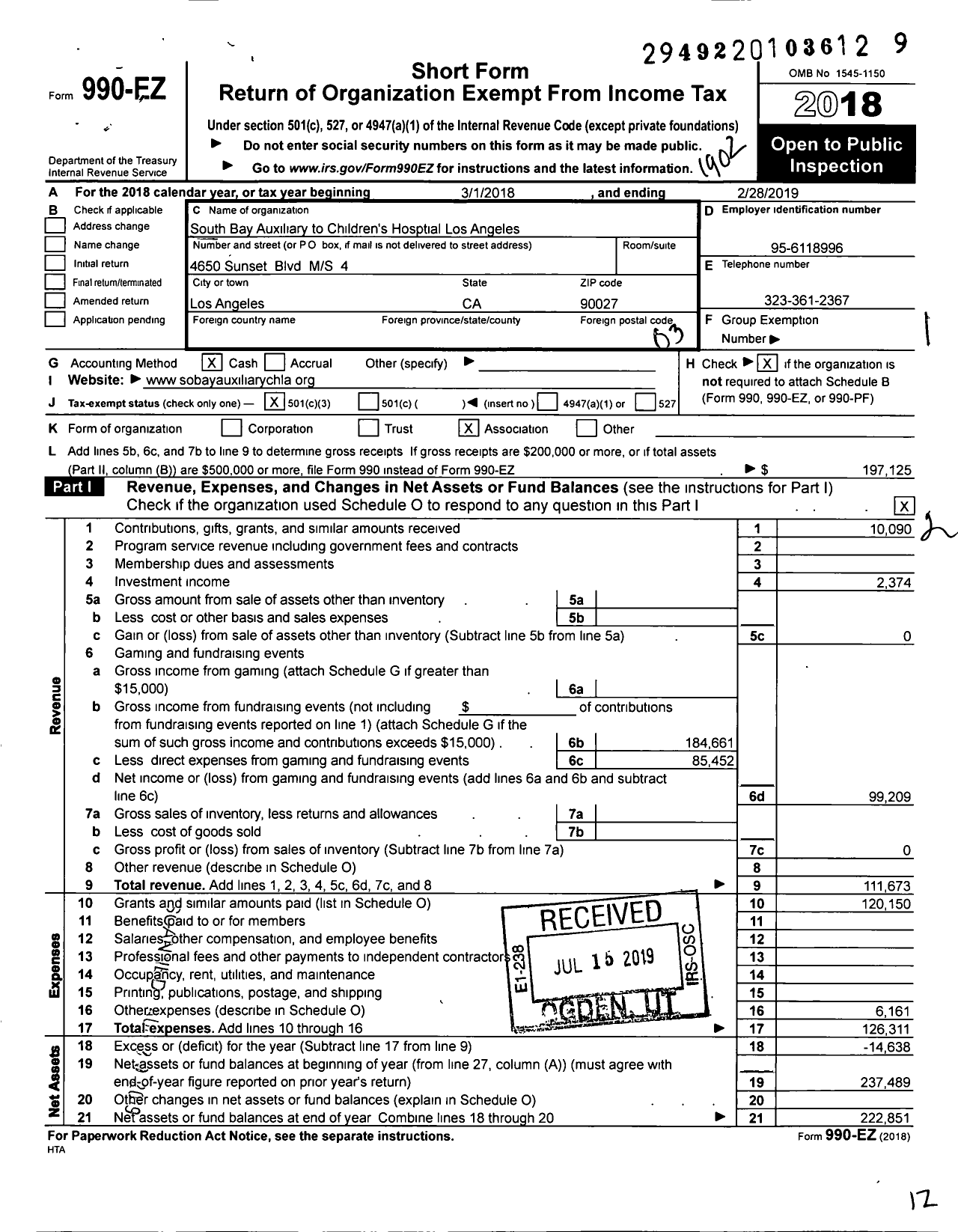 Image of first page of 2018 Form 990EZ for South Bay Auxiliary To Children's Hospital Los Angeles