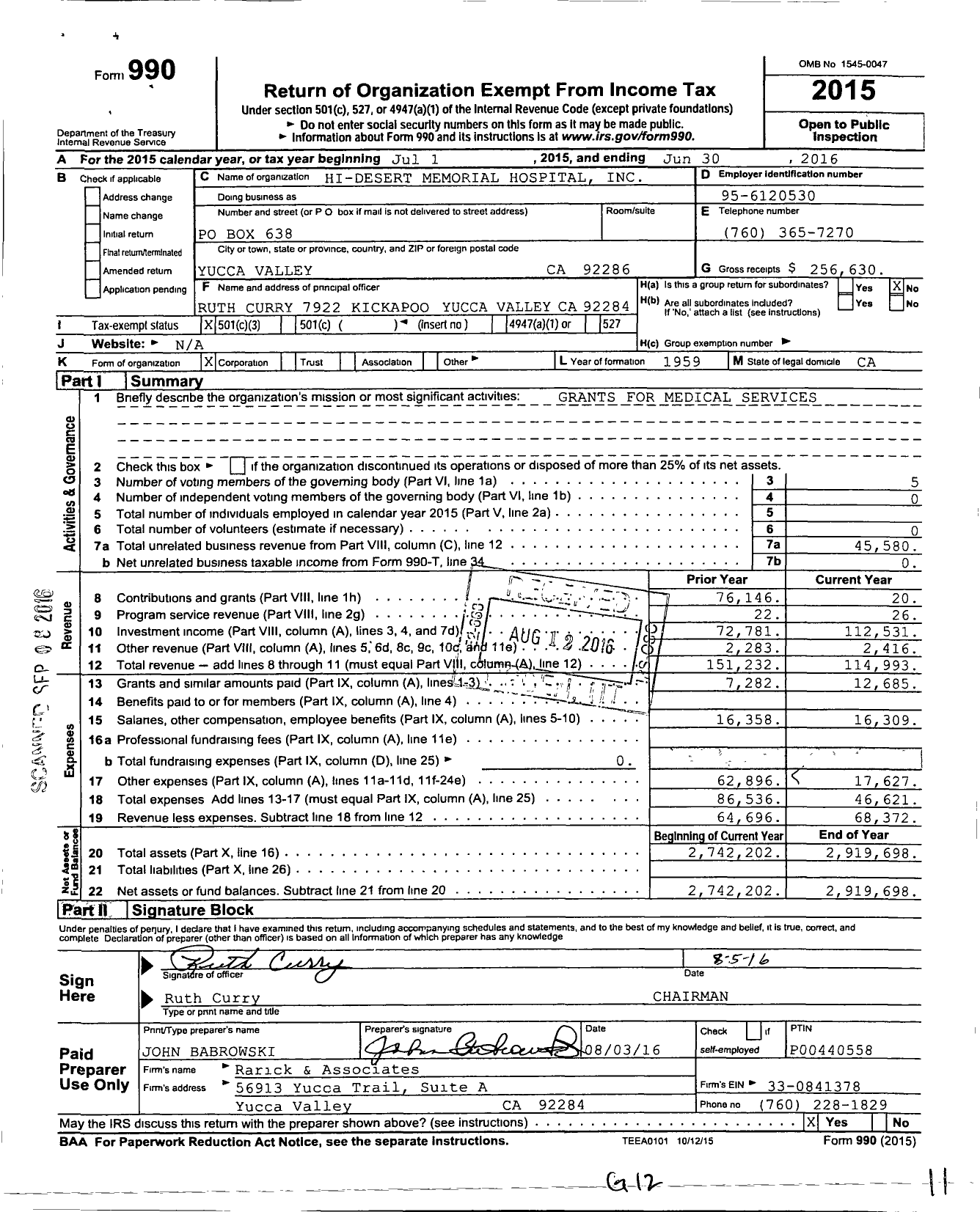 Image of first page of 2015 Form 990 for Hi-Desert Memorial Hospital