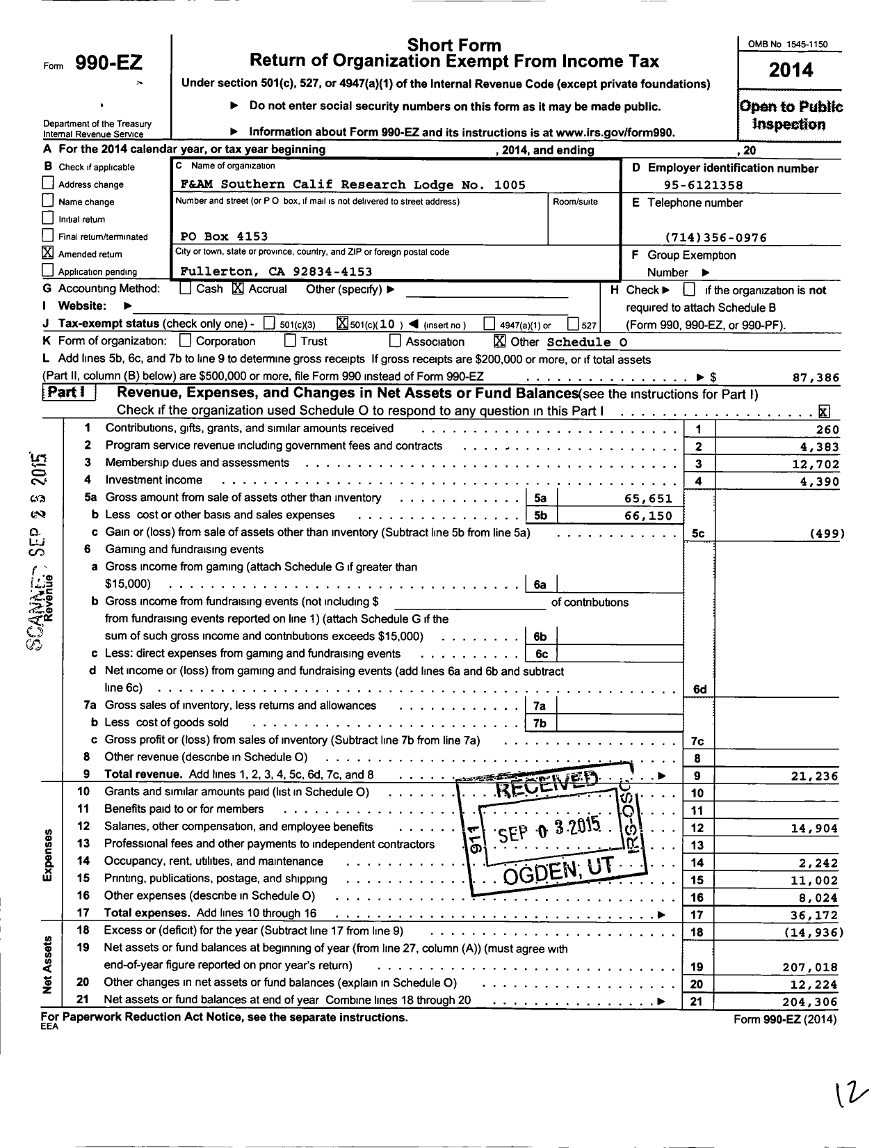 Image of first page of 2014 Form 990EO for Masons of California - 1005 Southern Cali Research Lodge