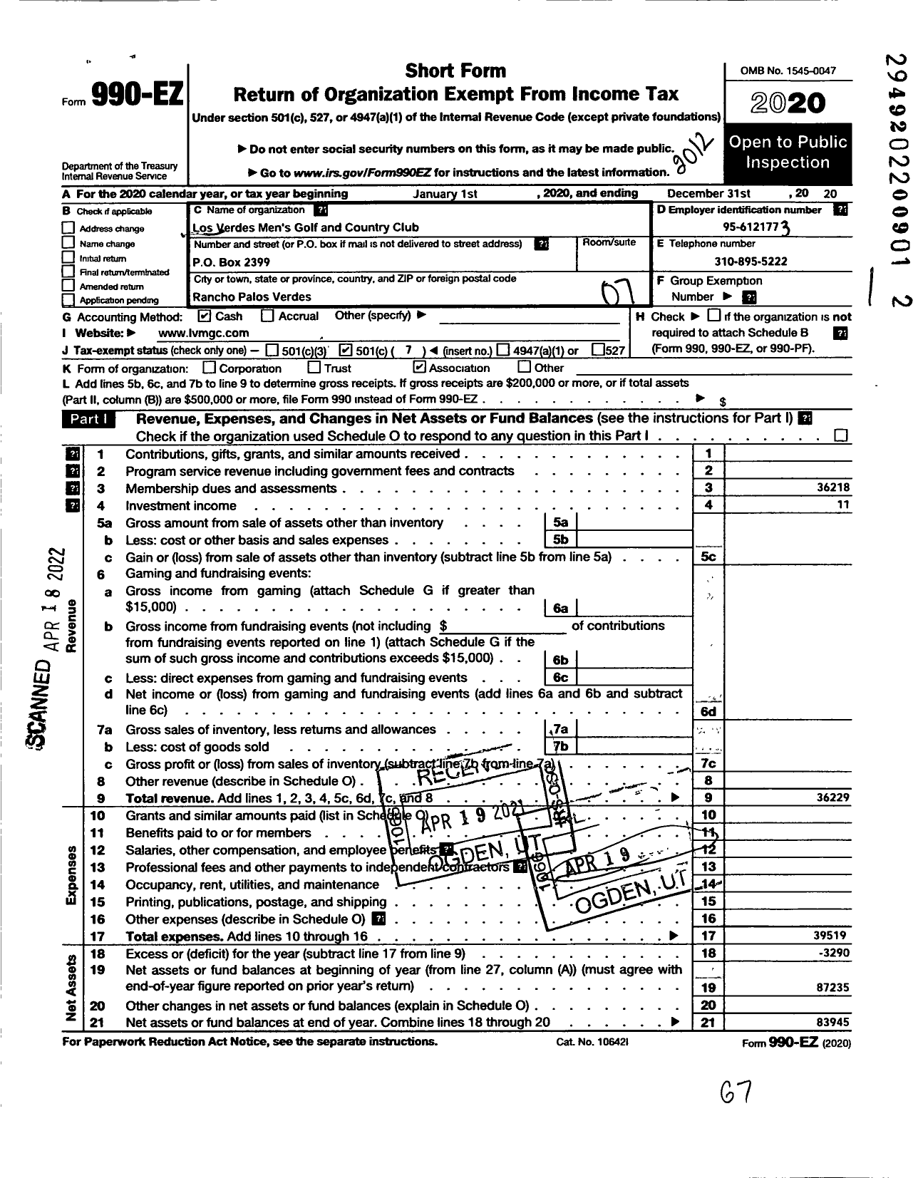 Image of first page of 2020 Form 990EO for Los Verdes Mens Golf and Country Club