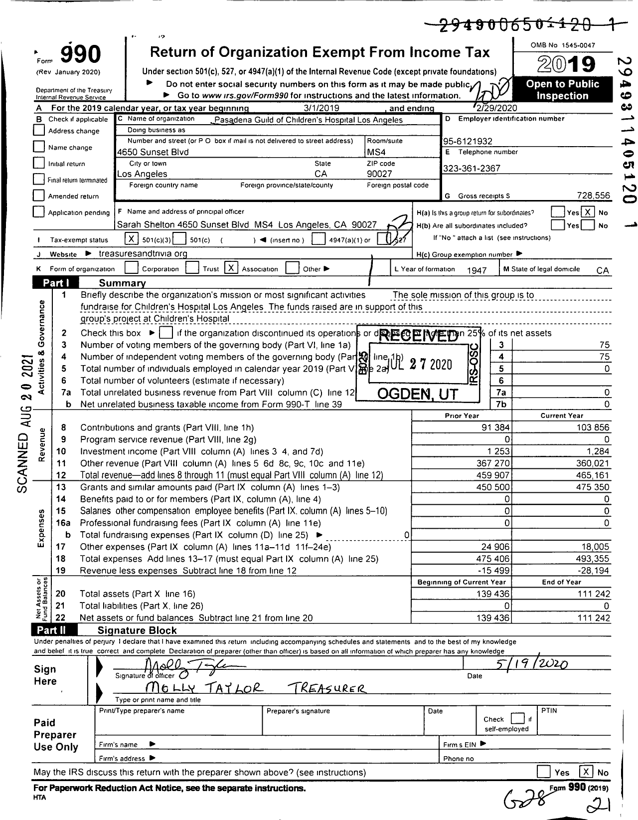 Image of first page of 2019 Form 990 for Pasadena Guild of Children's Hospital Los Angeles
