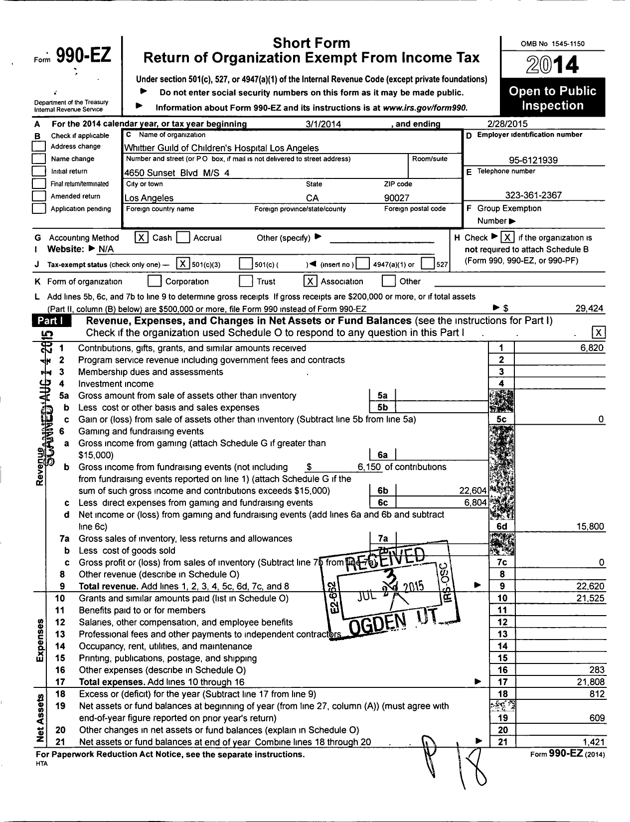 Image of first page of 2014 Form 990EZ for Whittier Guild of Childrens Hospital Los Angeles