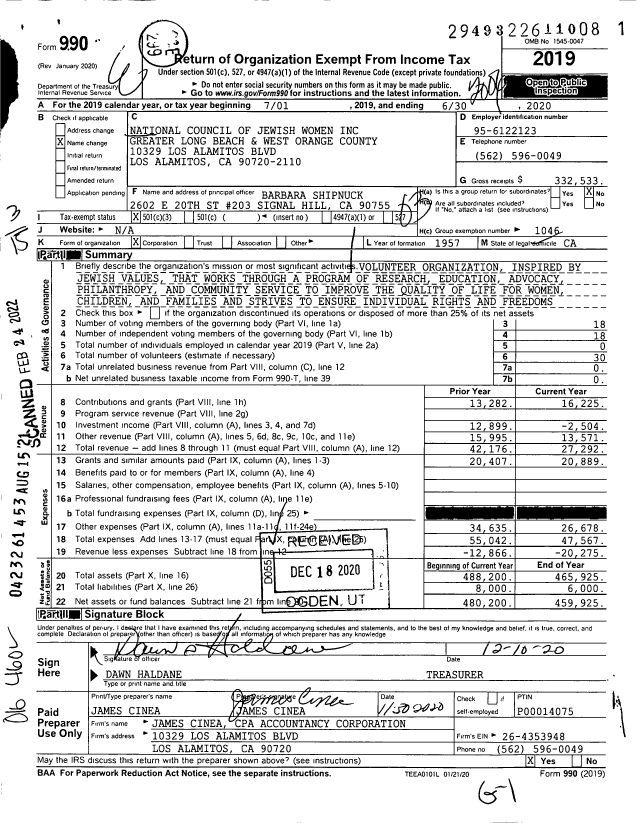 Image of first page of 2019 Form 990 for National Council of Jewish Women Greater Long Beach and West Orange County