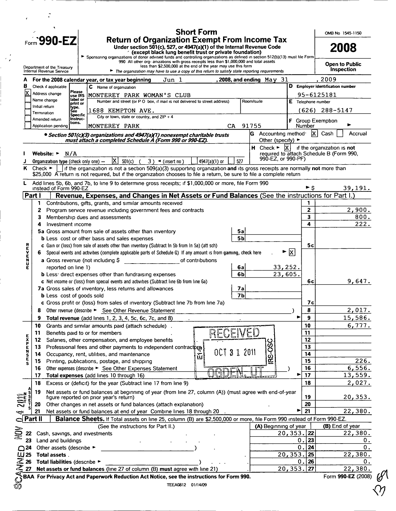 Image of first page of 2008 Form 990EZ for California Federation of Women's Clubs - Monterey Park Womans Club