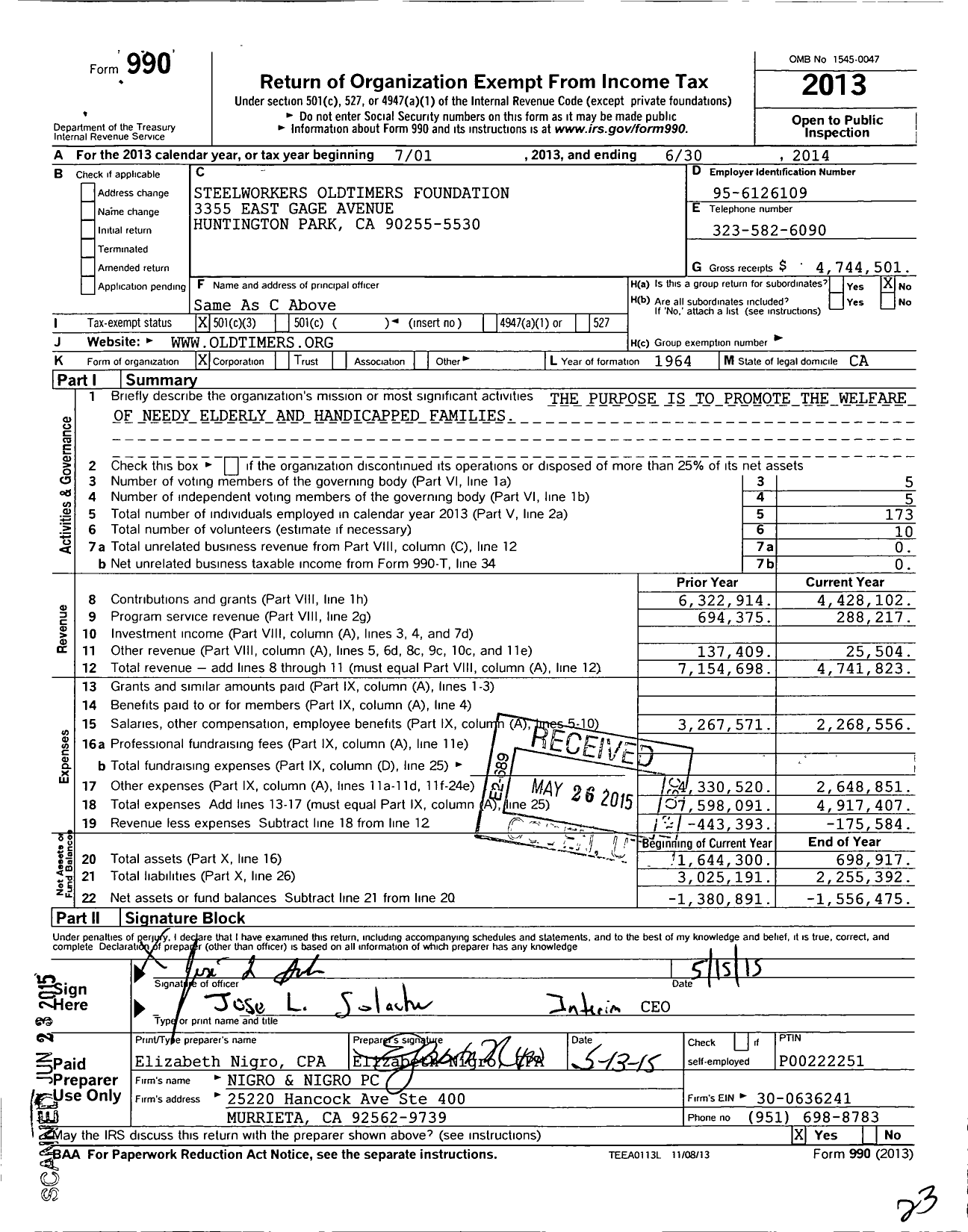 Image of first page of 2013 Form 990 for Steelworkers Old Timers Foundation