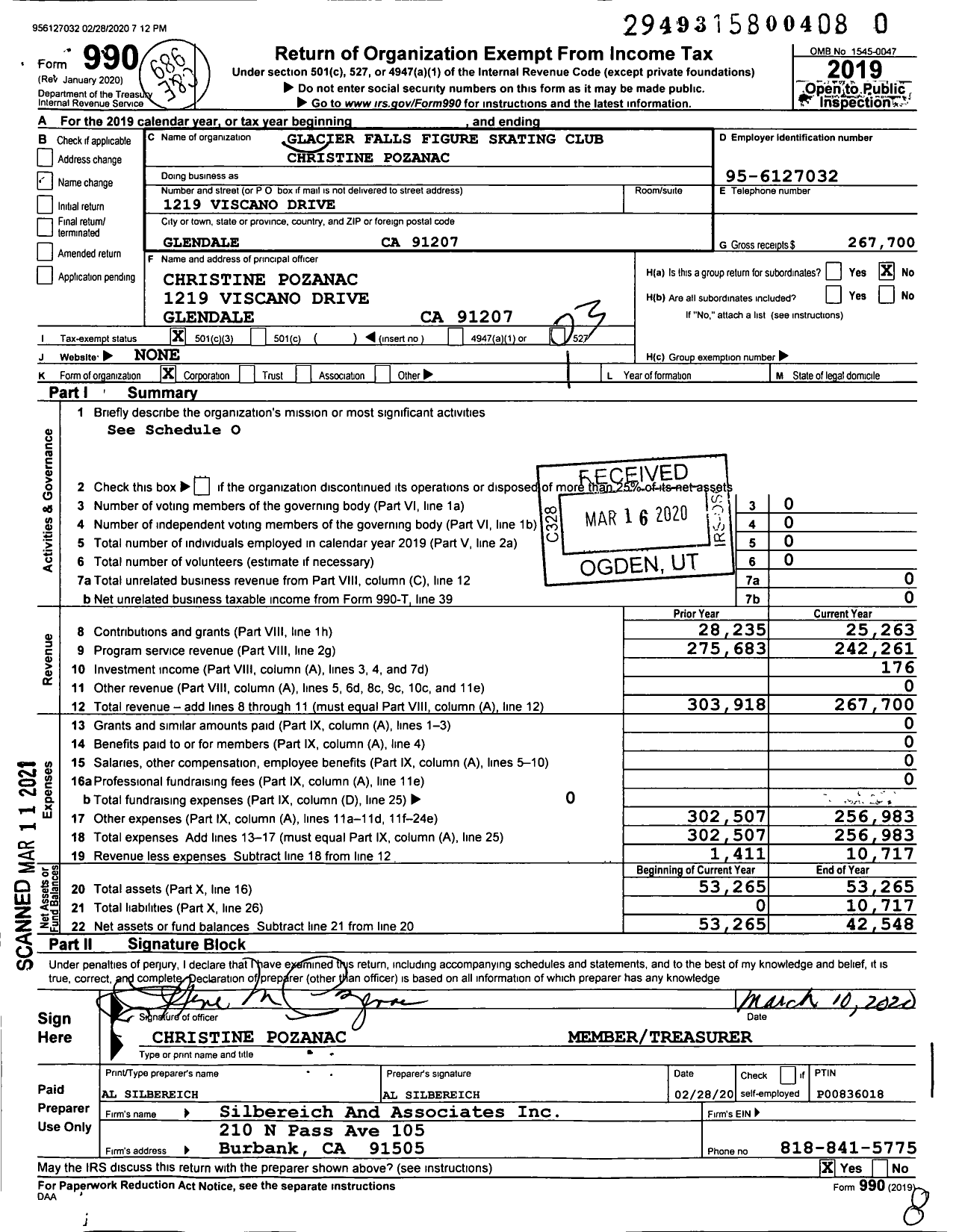 Image of first page of 2019 Form 990 for Glacier Falls Figure Skating Club Christine Pozanac