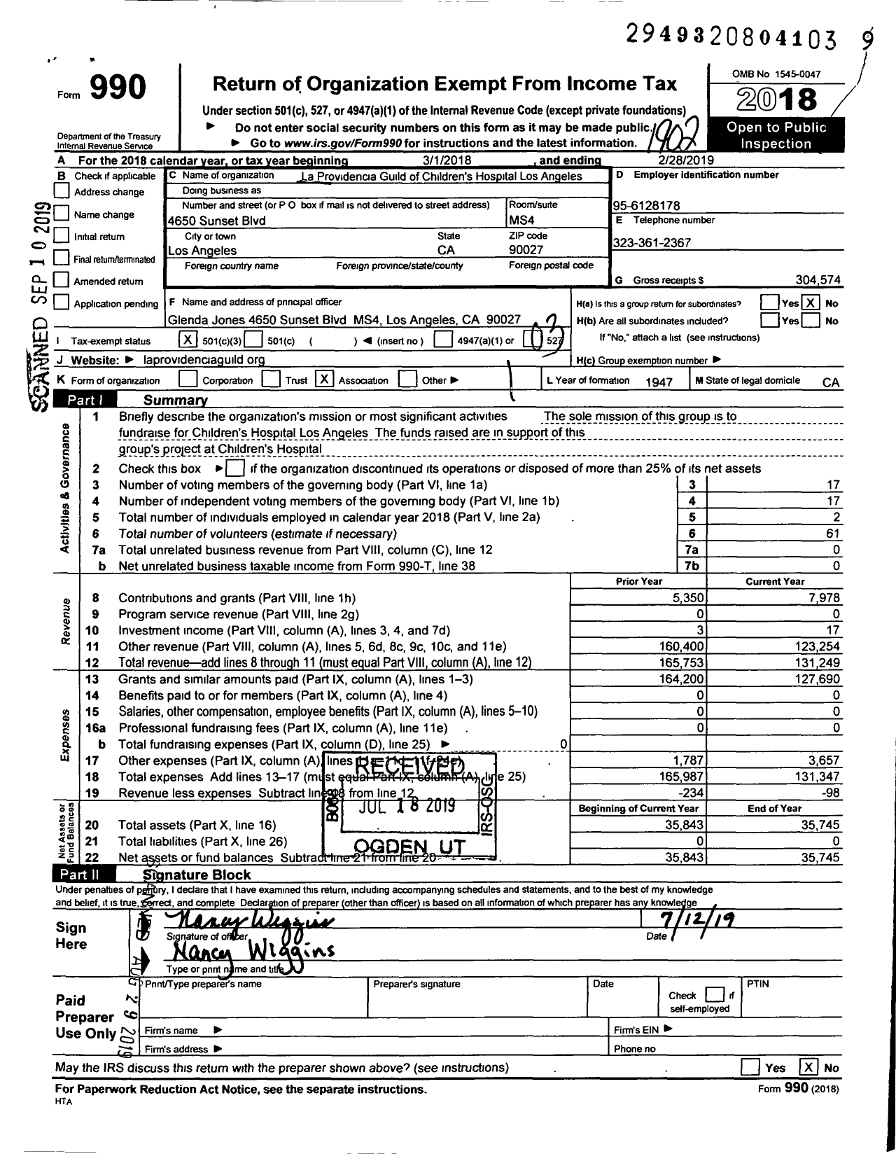 Image of first page of 2018 Form 990 for La Providencia Guild of Childrens Hospital Los Angeles