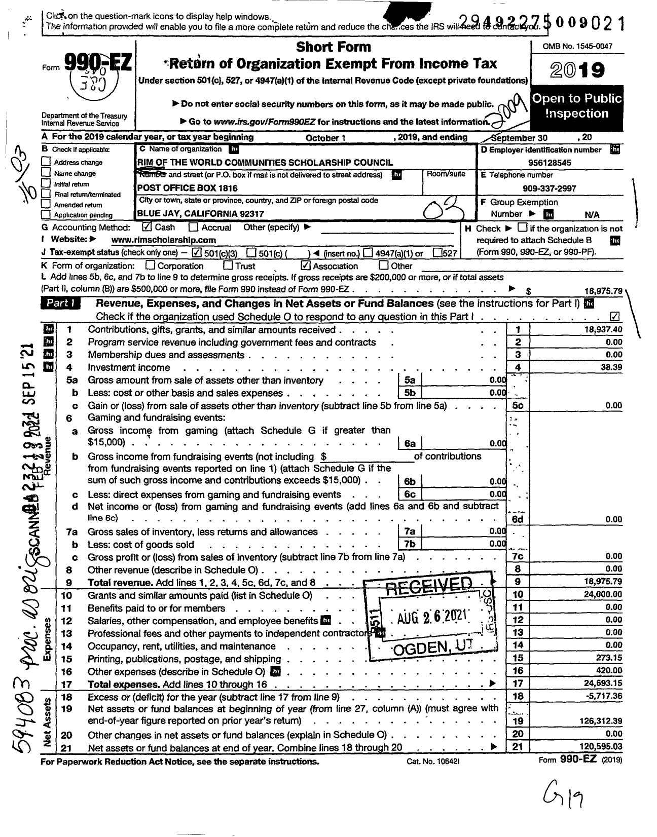 Image of first page of 2019 Form 990EZ for Rim of the World Communities Scholarship Council