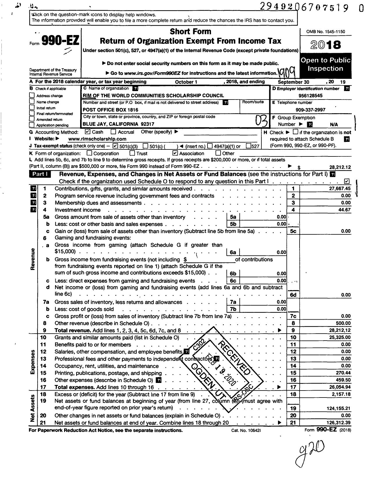 Image of first page of 2018 Form 990EZ for Rim of the World Communities Scholarship Council