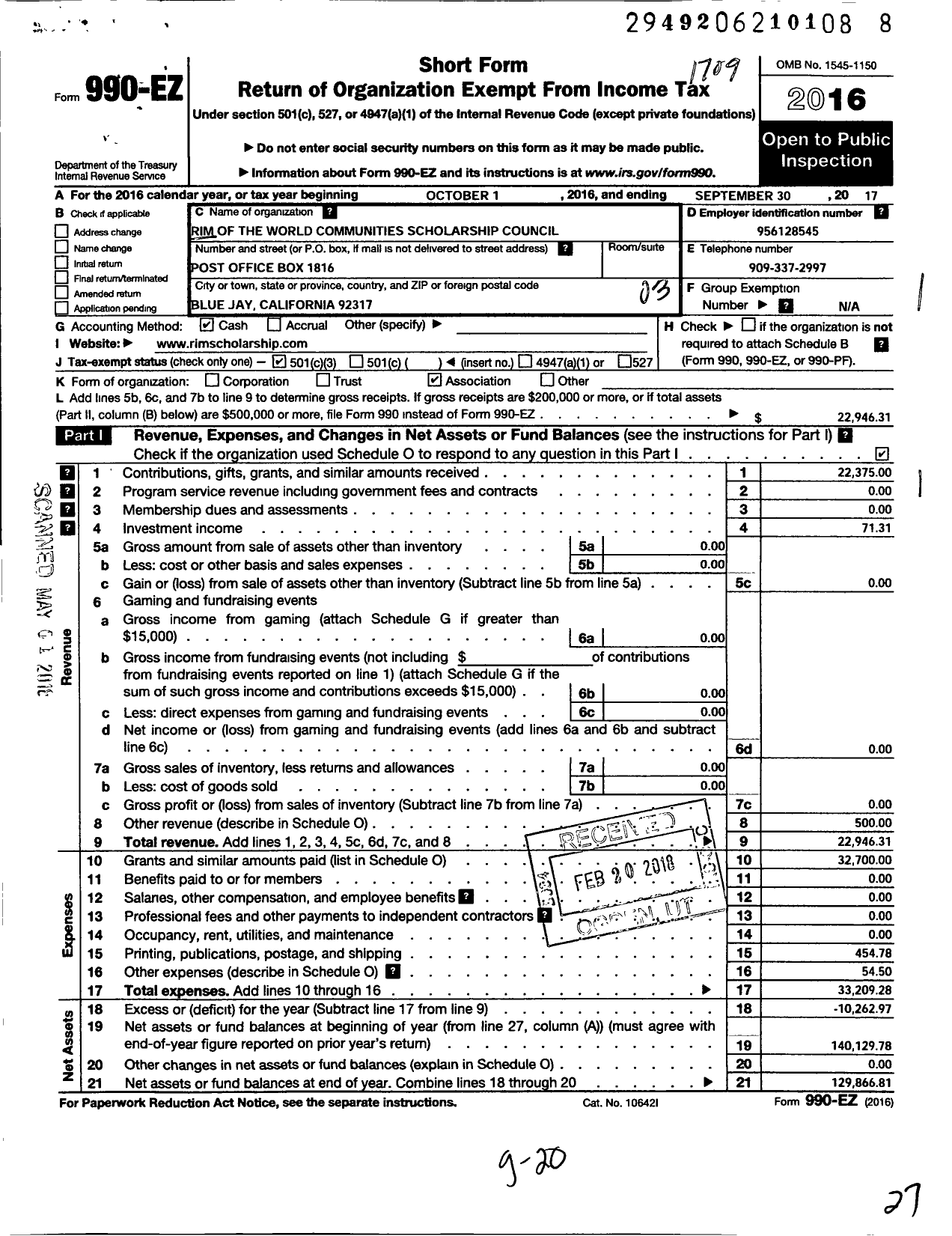 Image of first page of 2016 Form 990EZ for Rim of the World Communities Scholarship Council