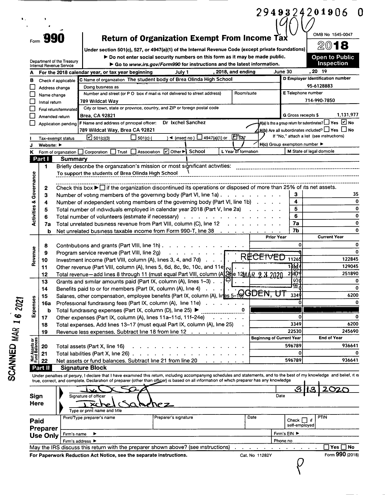 Image of first page of 2018 Form 990 for Student Body of Brea Olinda High School