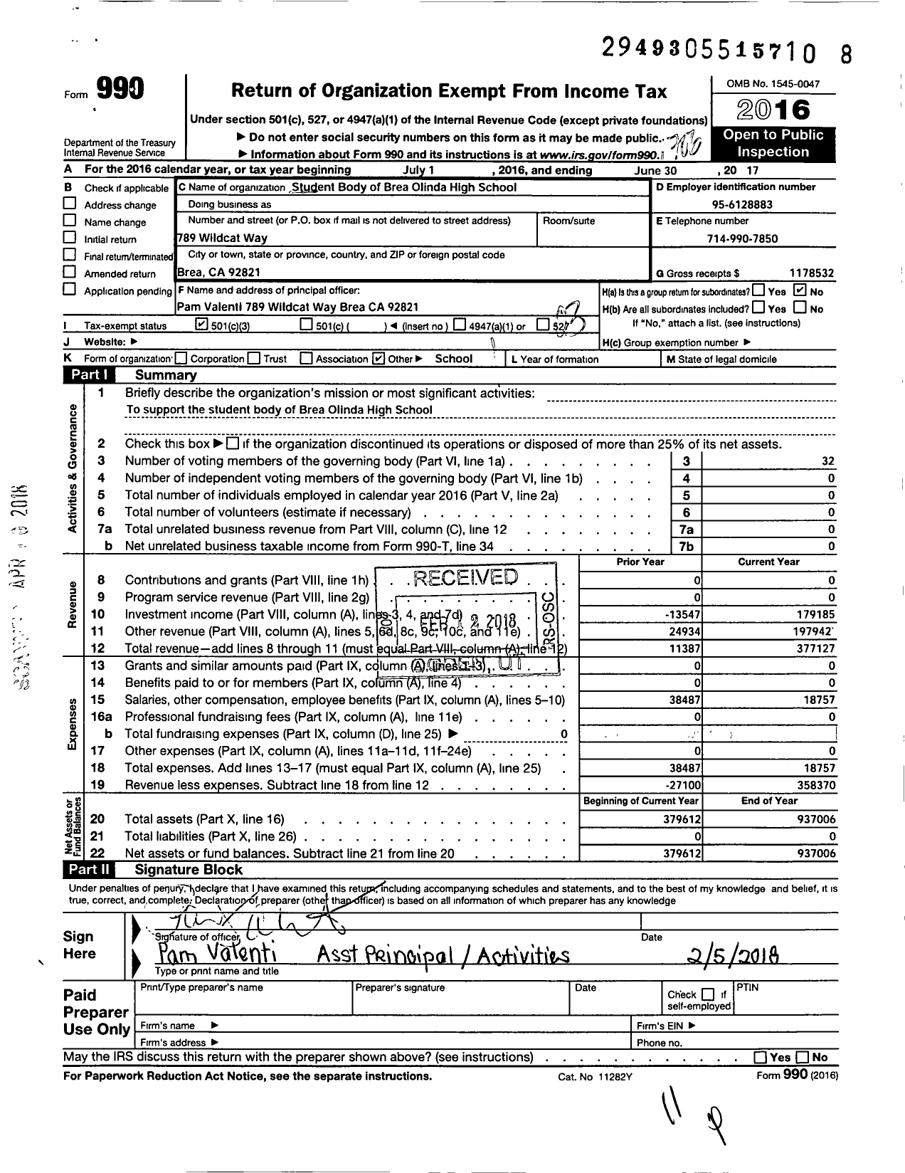 Image of first page of 2016 Form 990 for Student Body of Brea Olinda High School