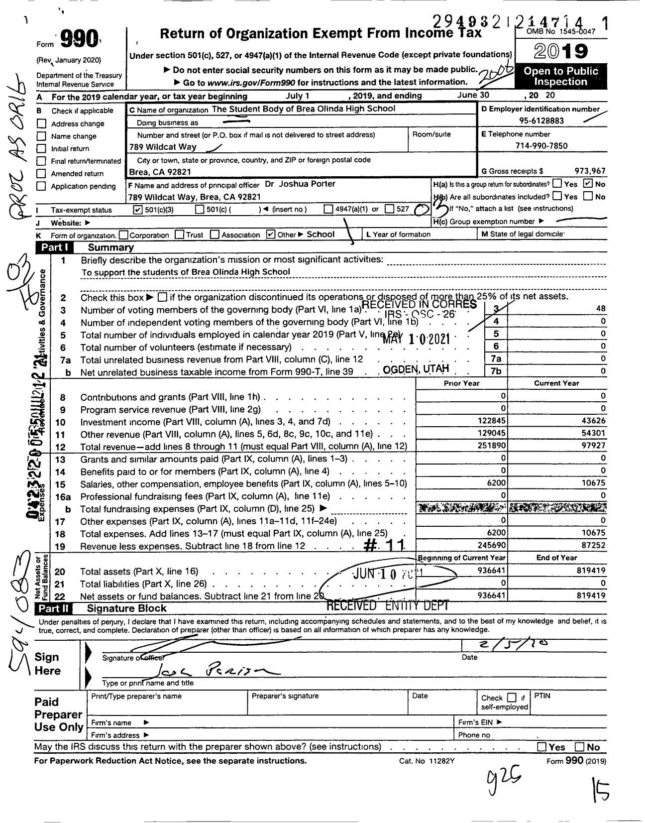 Image of first page of 2019 Form 990 for Student Body of Brea Olinda High School