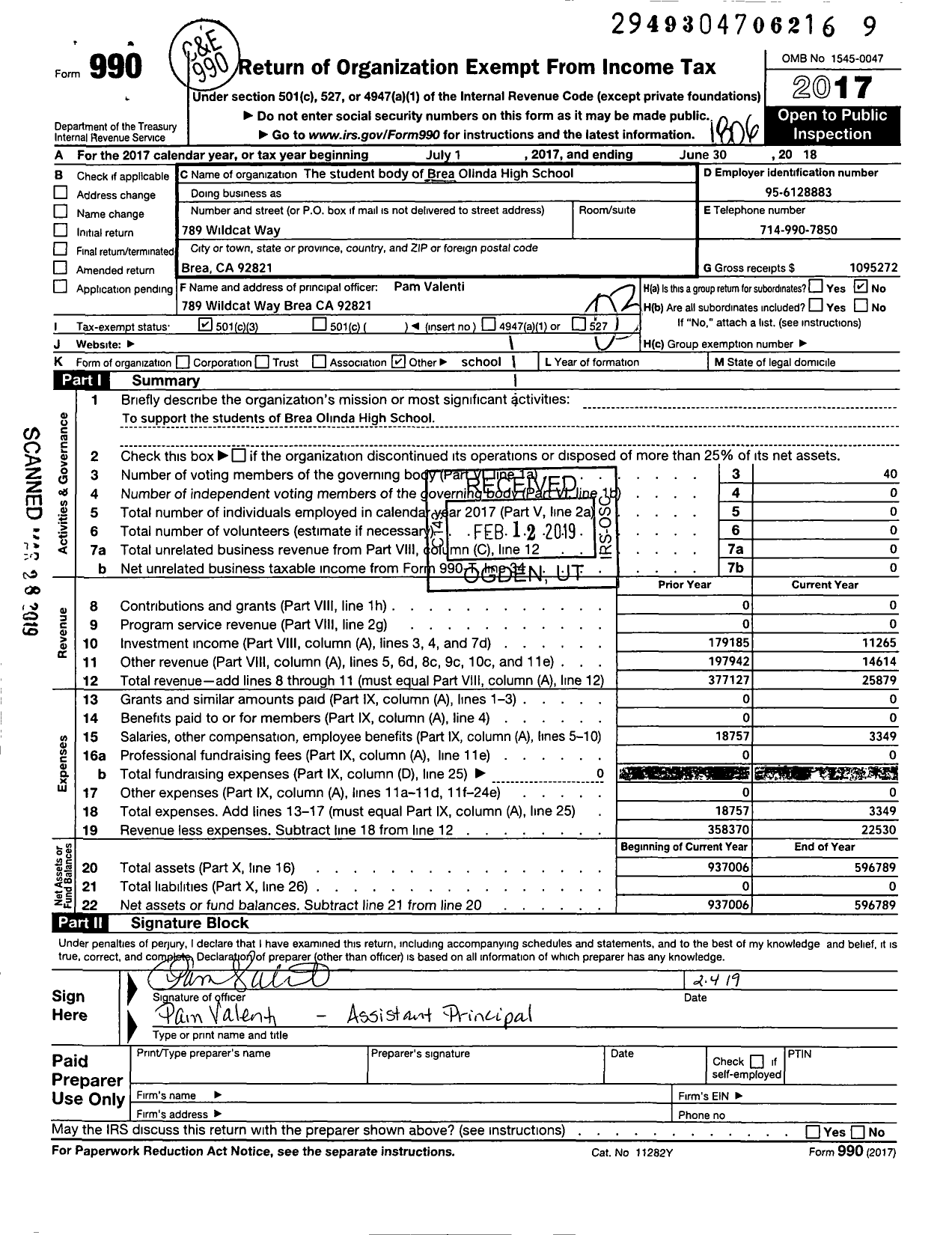 Image of first page of 2017 Form 990 for Student Body of Brea Olinda High School