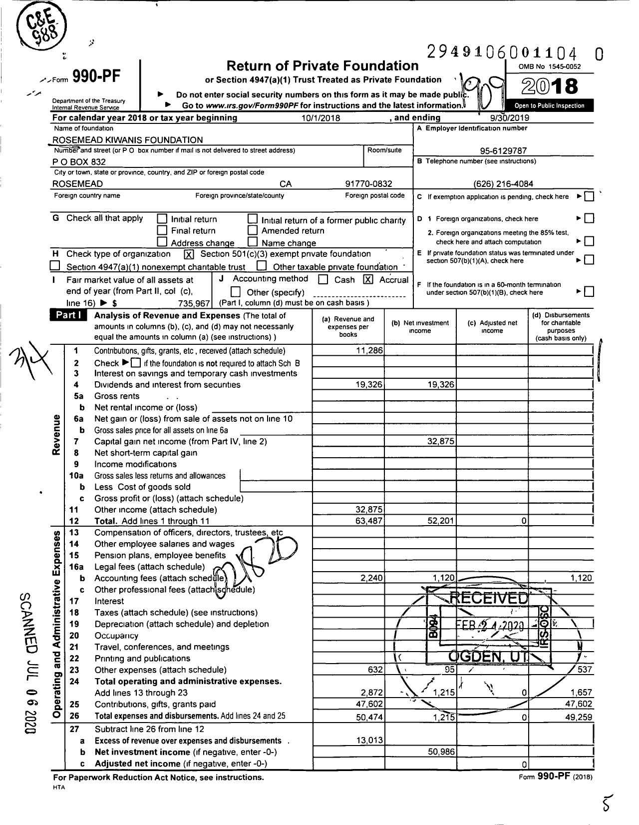 Image of first page of 2018 Form 990PR for Rosemead Kiwanis Foundation