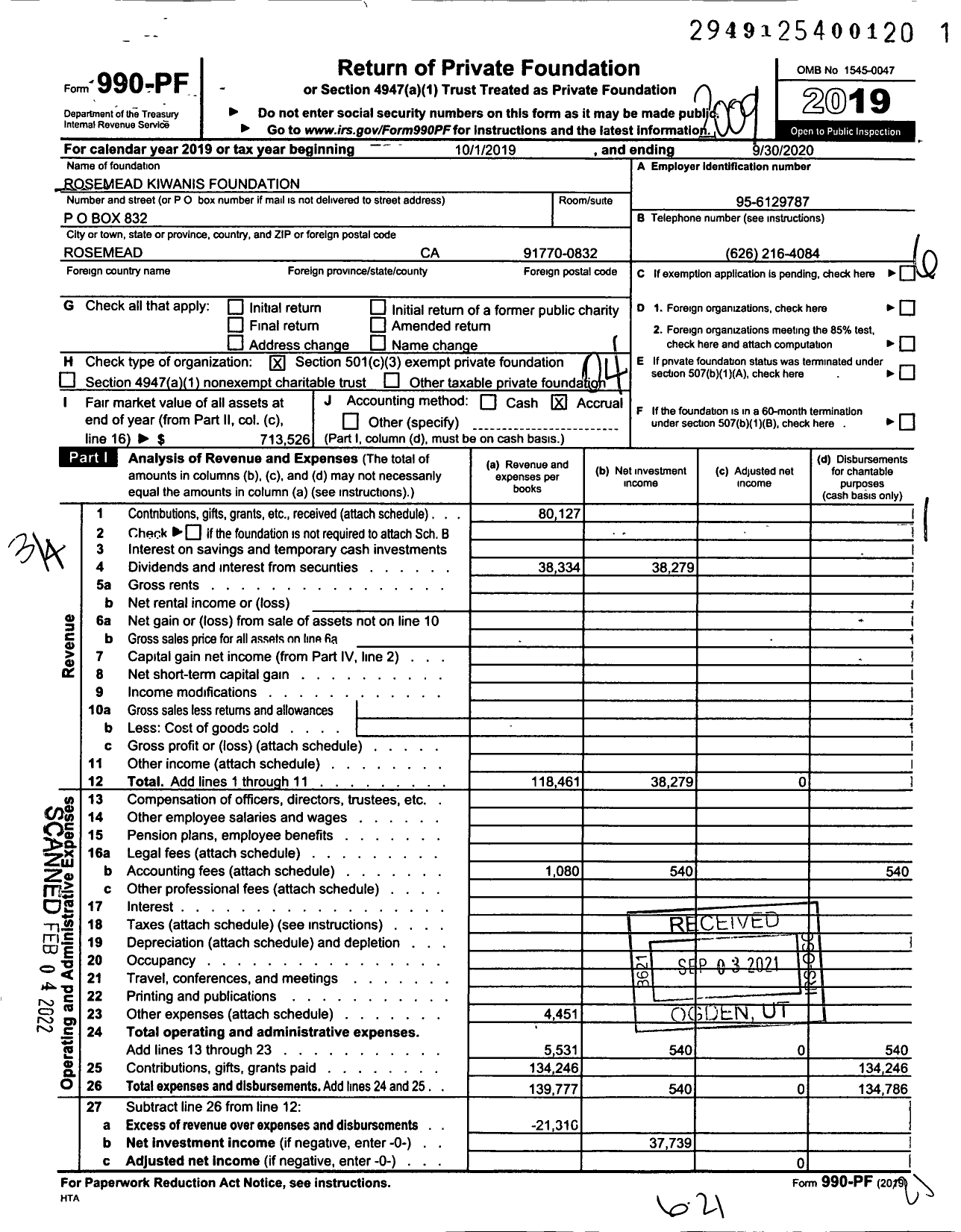 Image of first page of 2019 Form 990PF for Rosemead Kiwanis Foundation