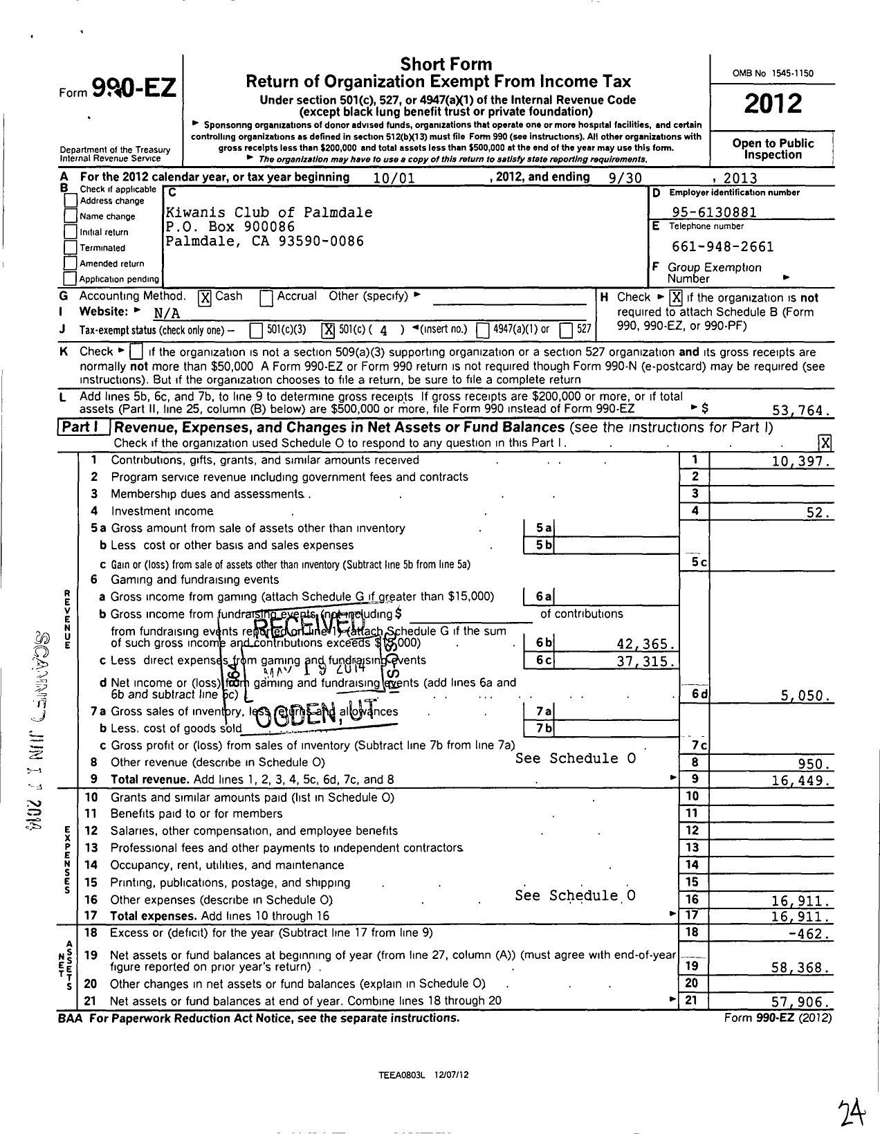 Image of first page of 2012 Form 990EO for Kiwanis Club of Palmdale