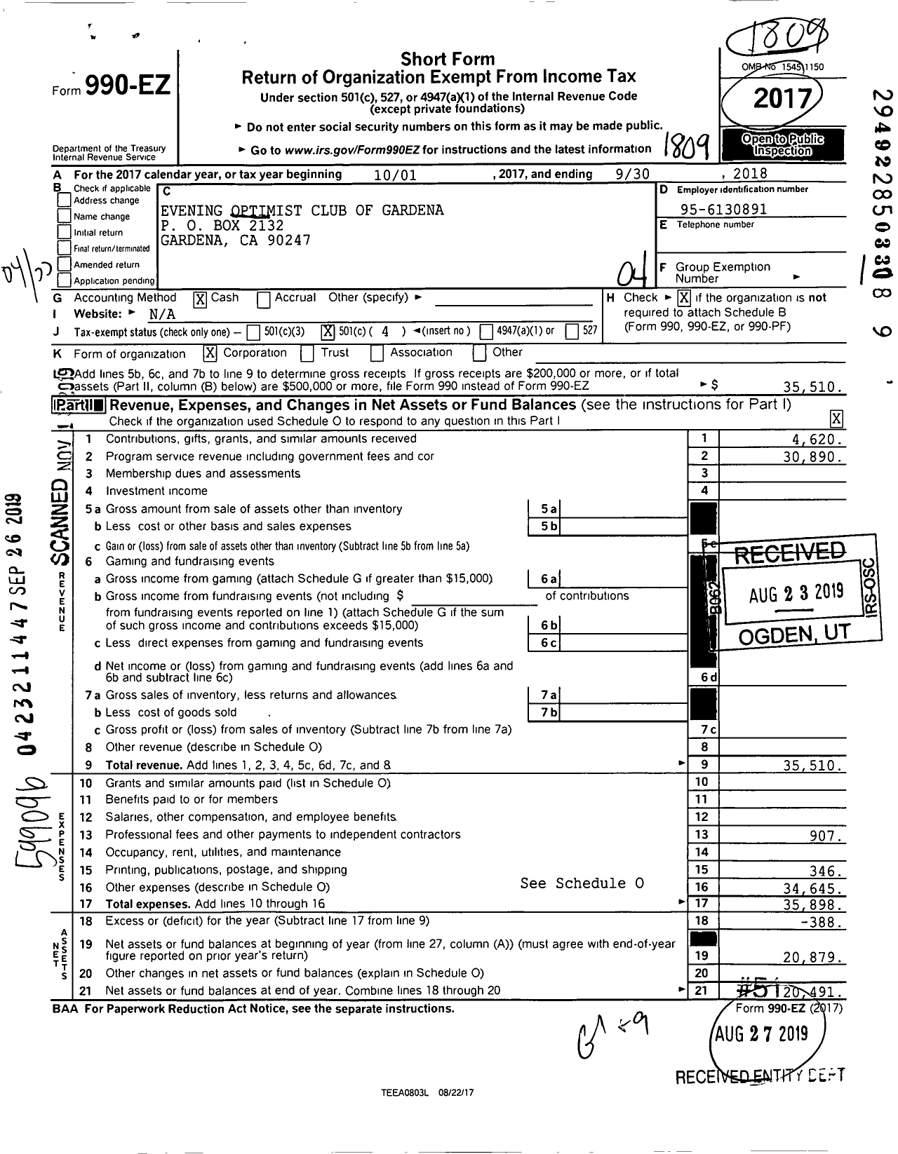 Image of first page of 2017 Form 990EO for OPTIMIST International - 14310 Oc Of GARDENA Eve California