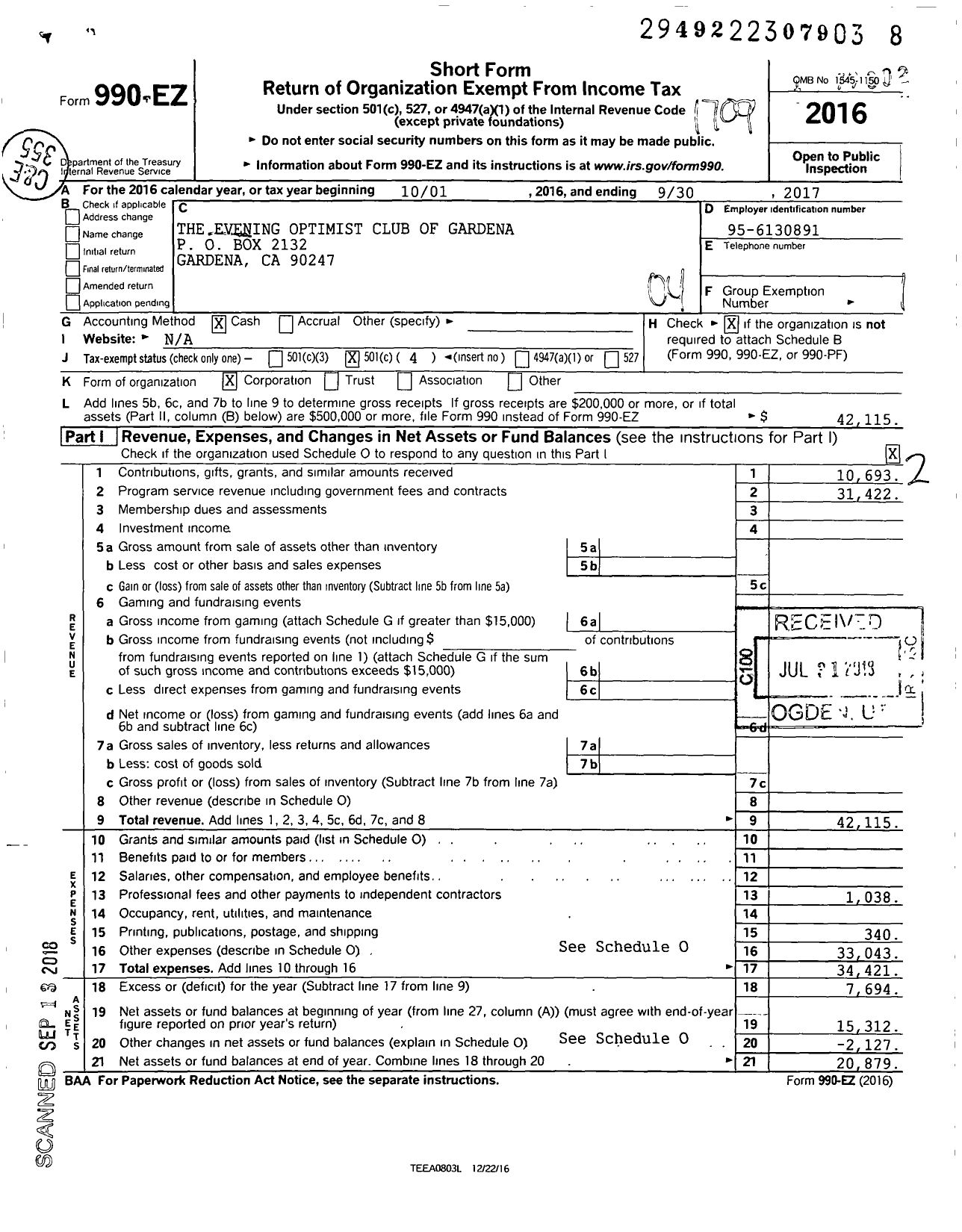 Image of first page of 2016 Form 990EO for OPTIMIST International - 14310 Oc Of GARDENA Eve California