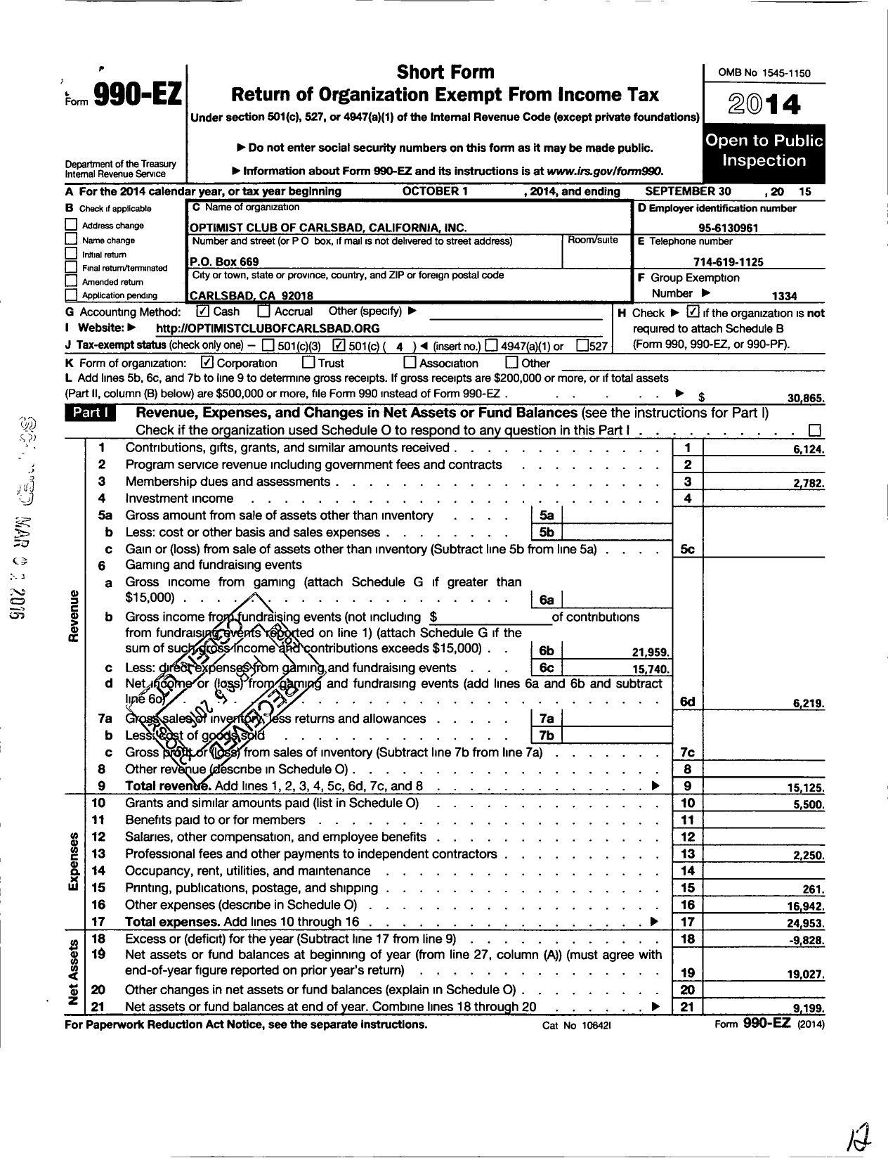 Image of first page of 2014 Form 990EO for Optimist International - 41005 Oc of Carlsbad Inc California