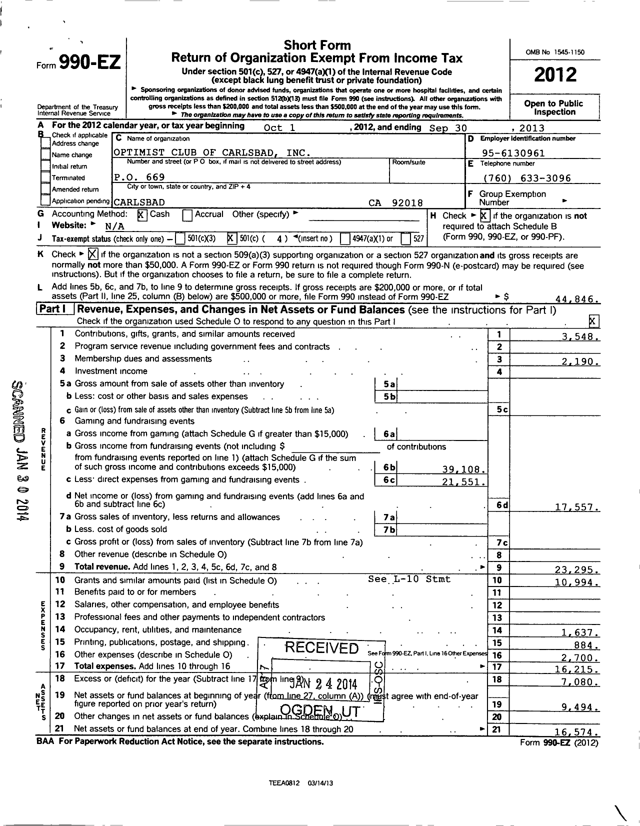 Image of first page of 2012 Form 990EO for Optimist International - 41005 Oc of Carlsbad Inc California