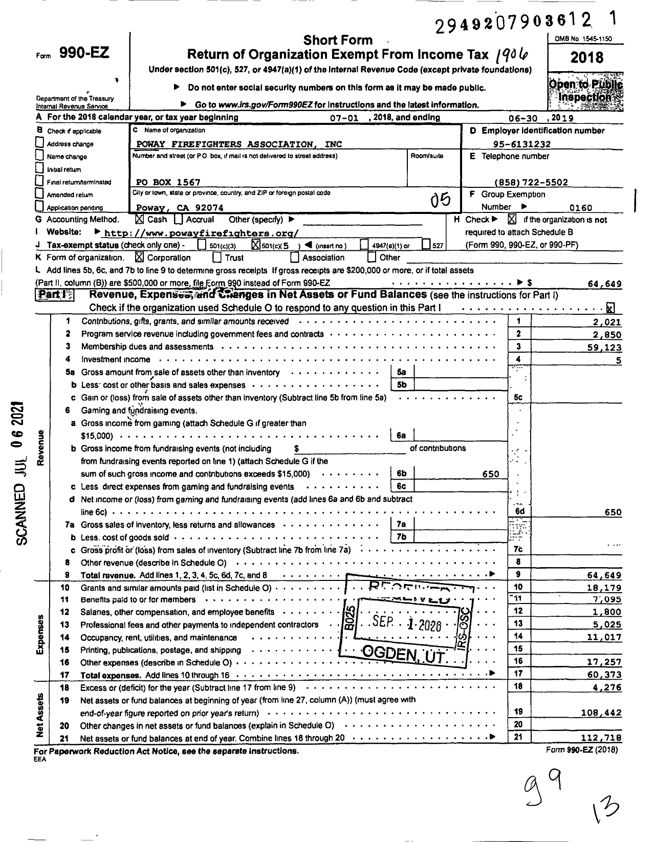 Image of first page of 2018 Form 990EO for International Association of Fire Fighters - L3922 Poway Firefighters Assn