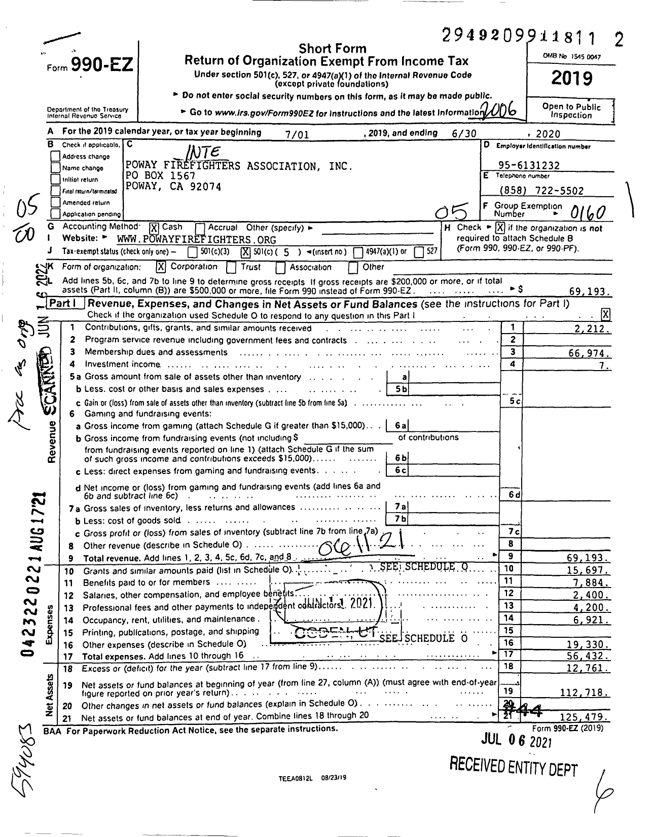 Image of first page of 2019 Form 990EO for International Association of Fire Fighters - L3922 Poway Firefighters Assn