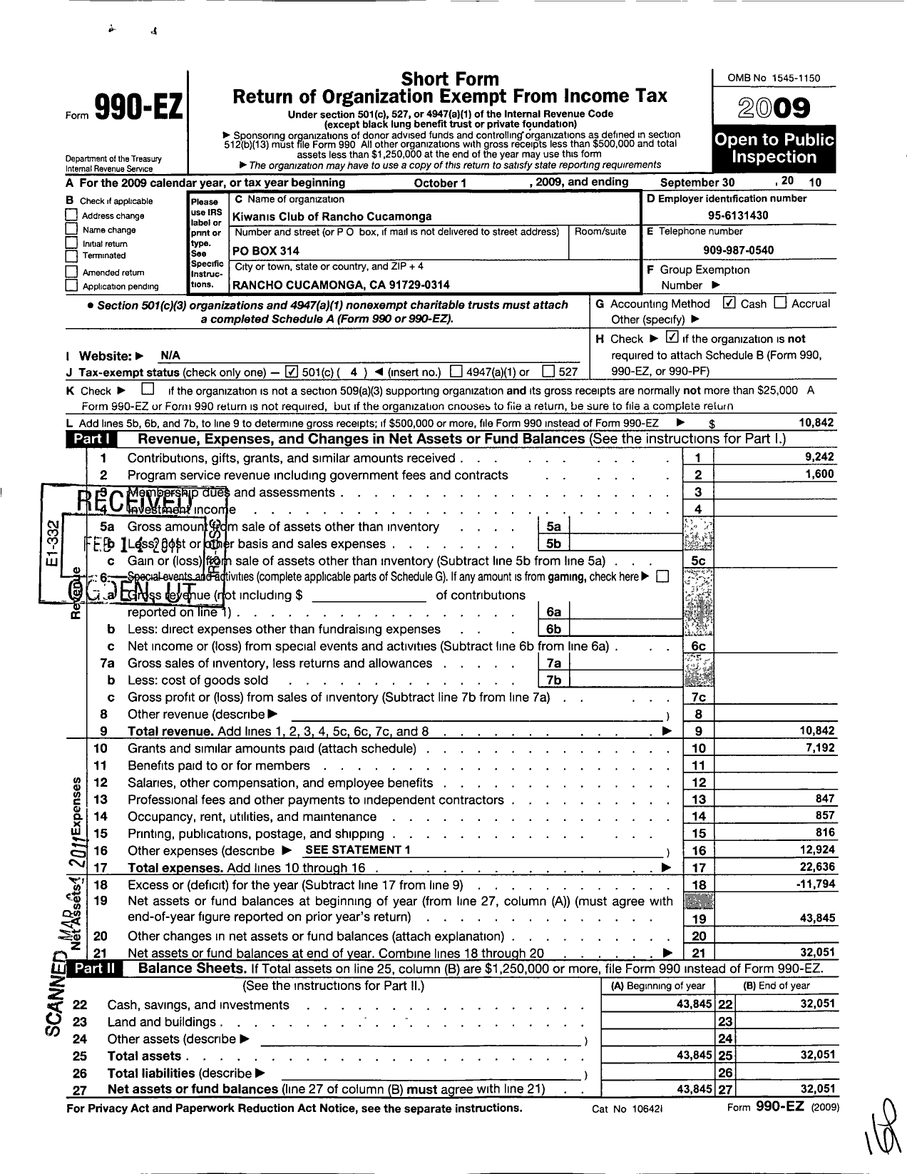 Image of first page of 2009 Form 990EO for Kiwanis International - K05484 Rancho Cucamonga