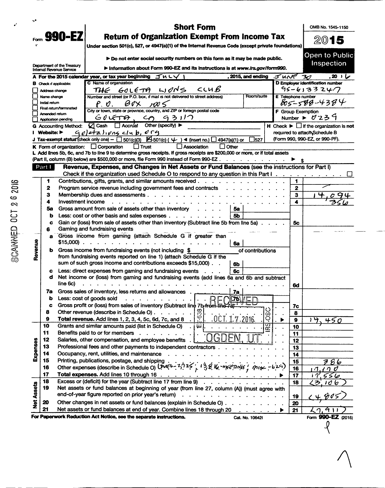 Image of first page of 2015 Form 990EO for Lions Clubs - 2393 Goleta