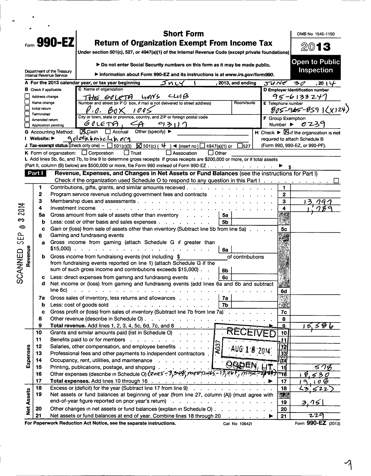 Image of first page of 2013 Form 990EO for Lions Clubs - 2393 Goleta