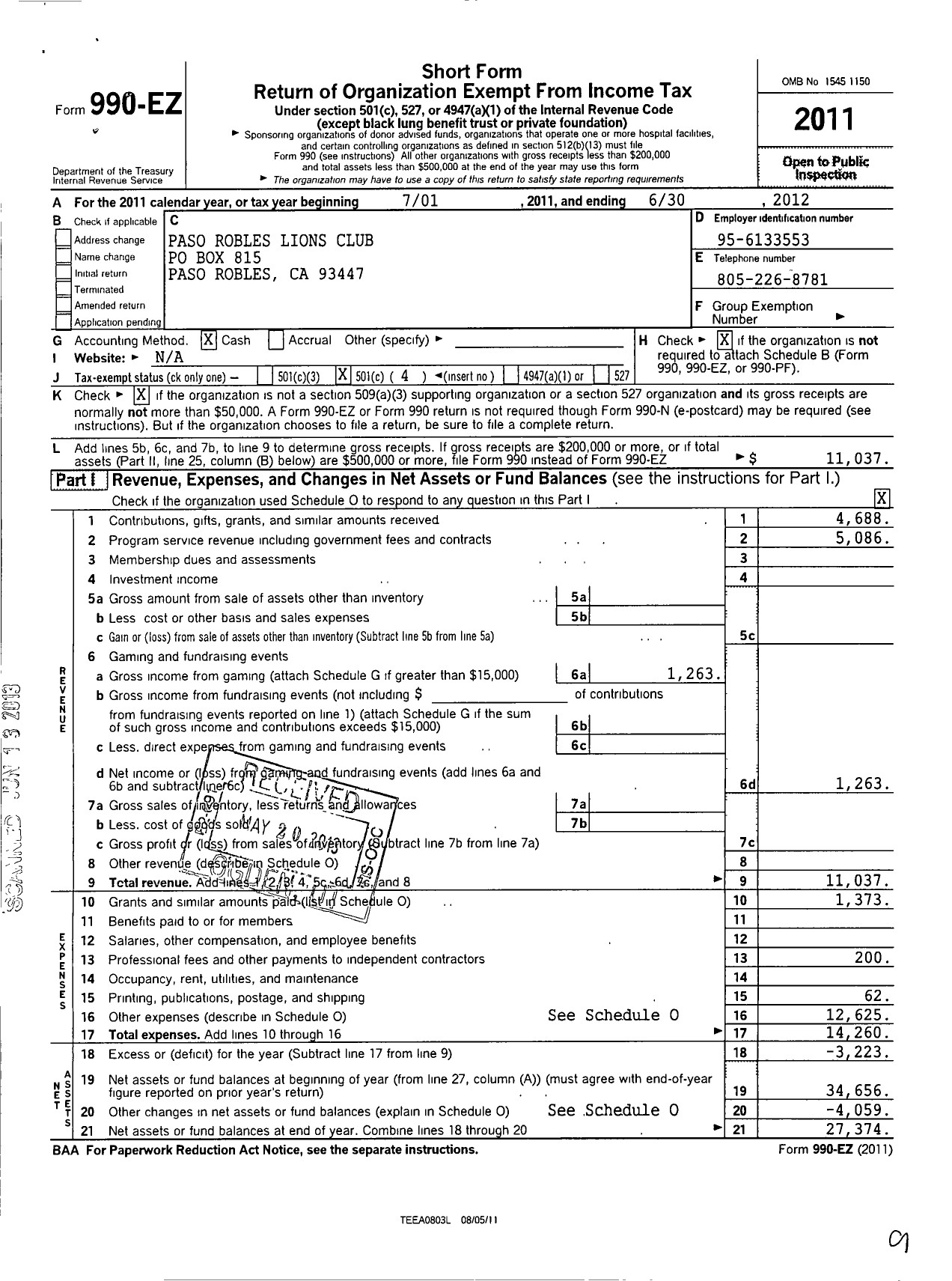 Image of first page of 2011 Form 990EO for Lions Clubs - 2407 Paso Robles