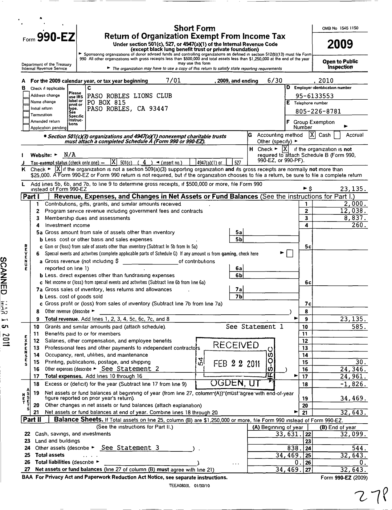 Image of first page of 2009 Form 990EO for Lions Clubs - 2407 Paso Robles