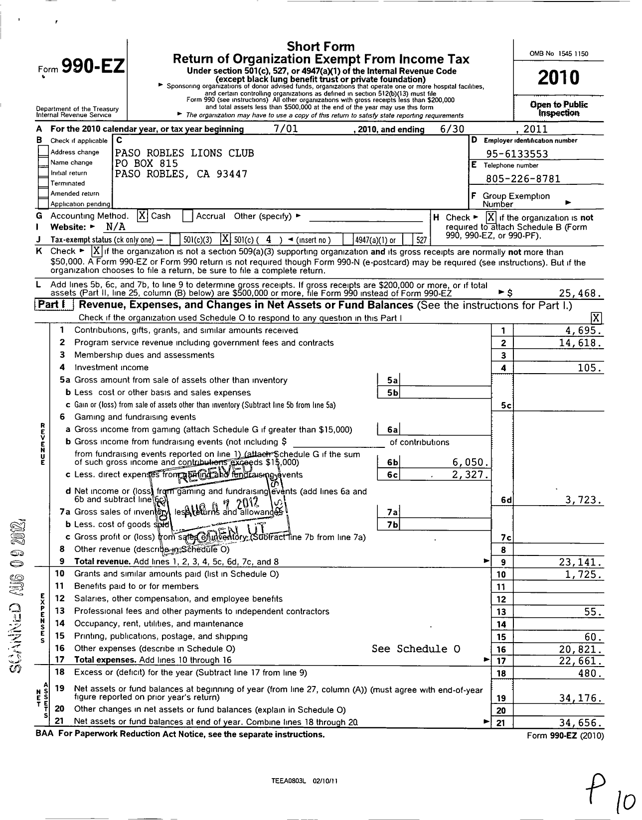 Image of first page of 2010 Form 990EO for Lions Clubs - 2407 Paso Robles