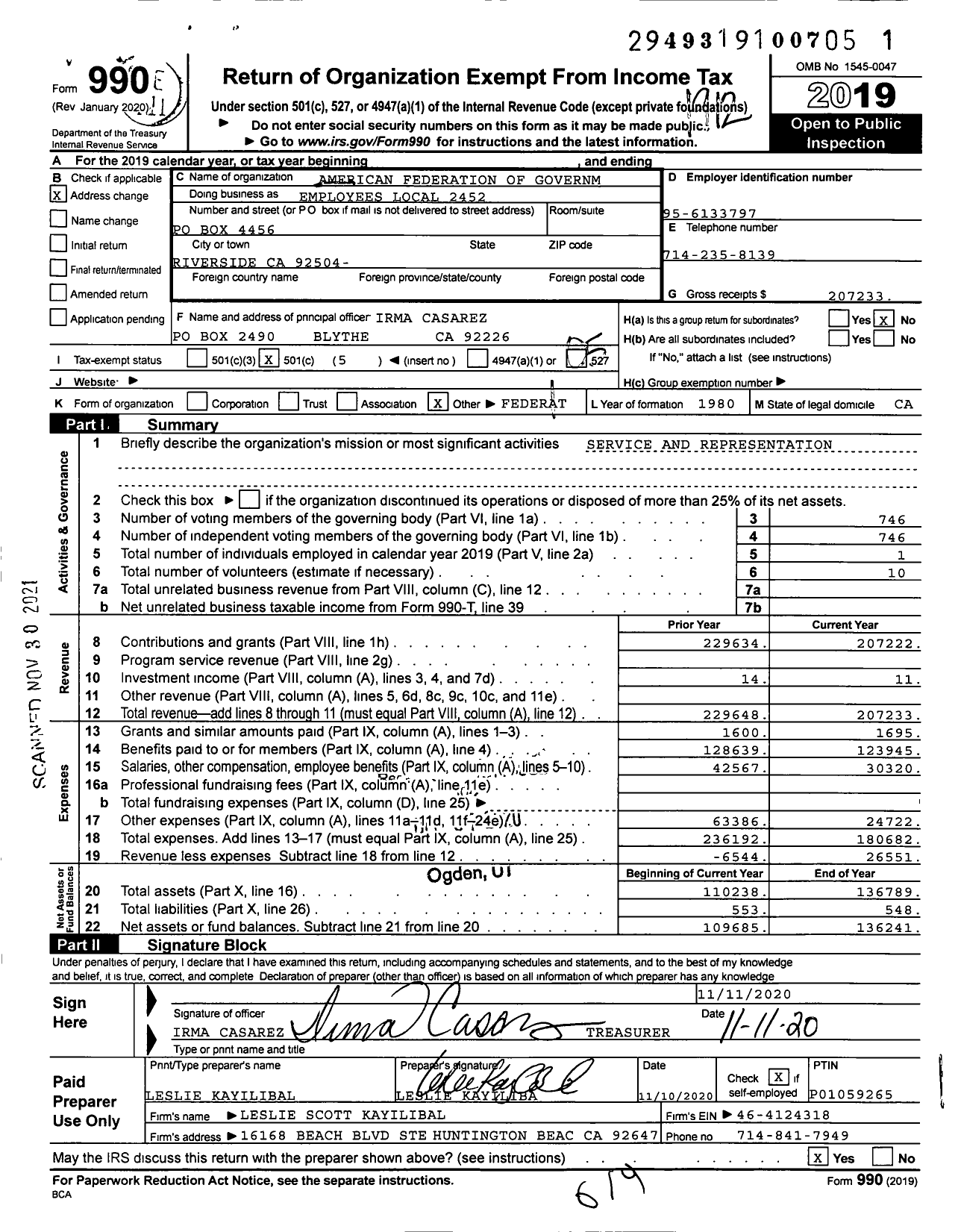 Image of first page of 2019 Form 990O for American Federation of Government Employees - 2452 Local Afge HHS Ssa