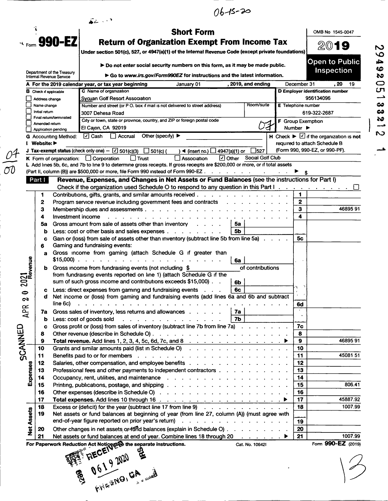 Image of first page of 2019 Form 990EO for Sycuan Golf Resort Association