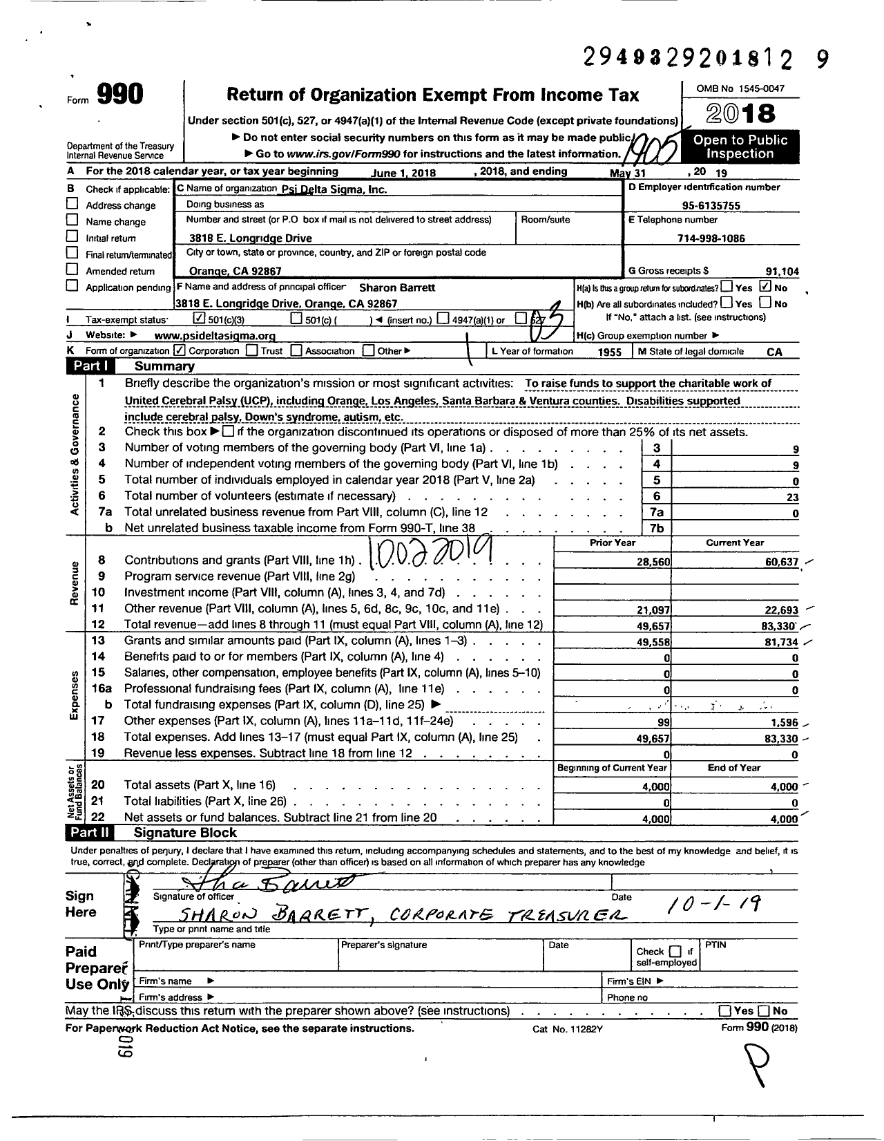 Image of first page of 2018 Form 990 for Psi Delta Sigma