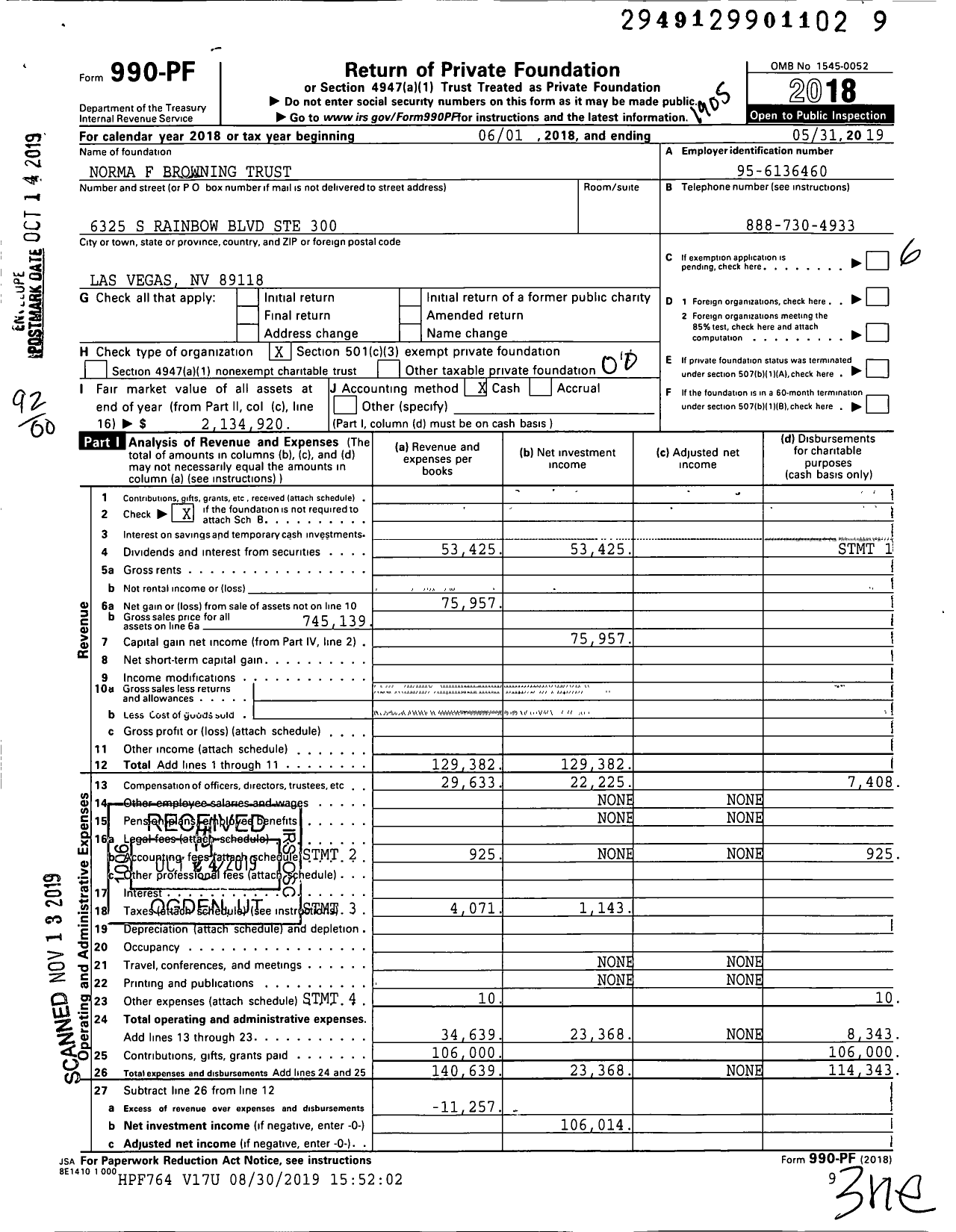 Image of first page of 2018 Form 990PF for Norma F Browning Trust