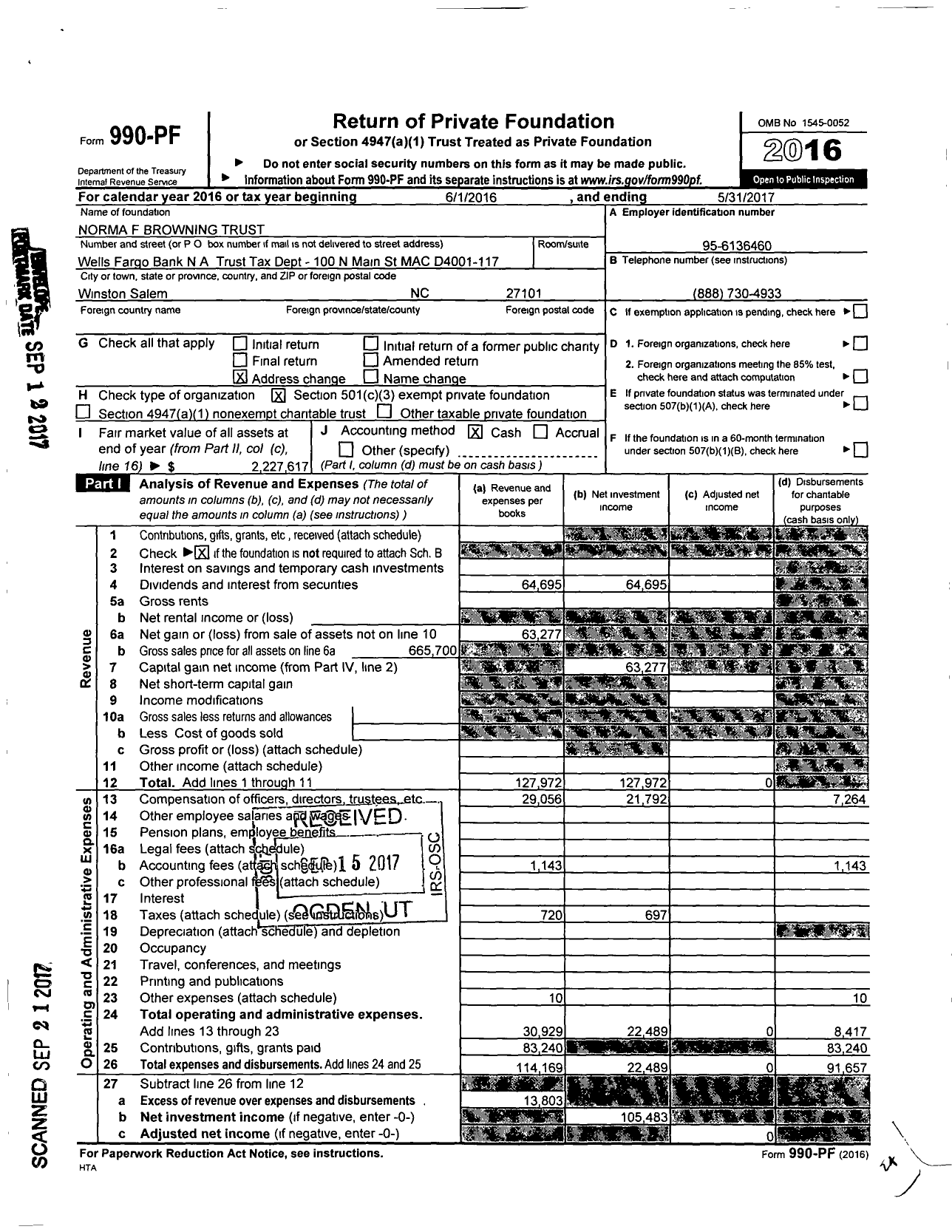 Image of first page of 2016 Form 990PF for Norma F Browning Trust